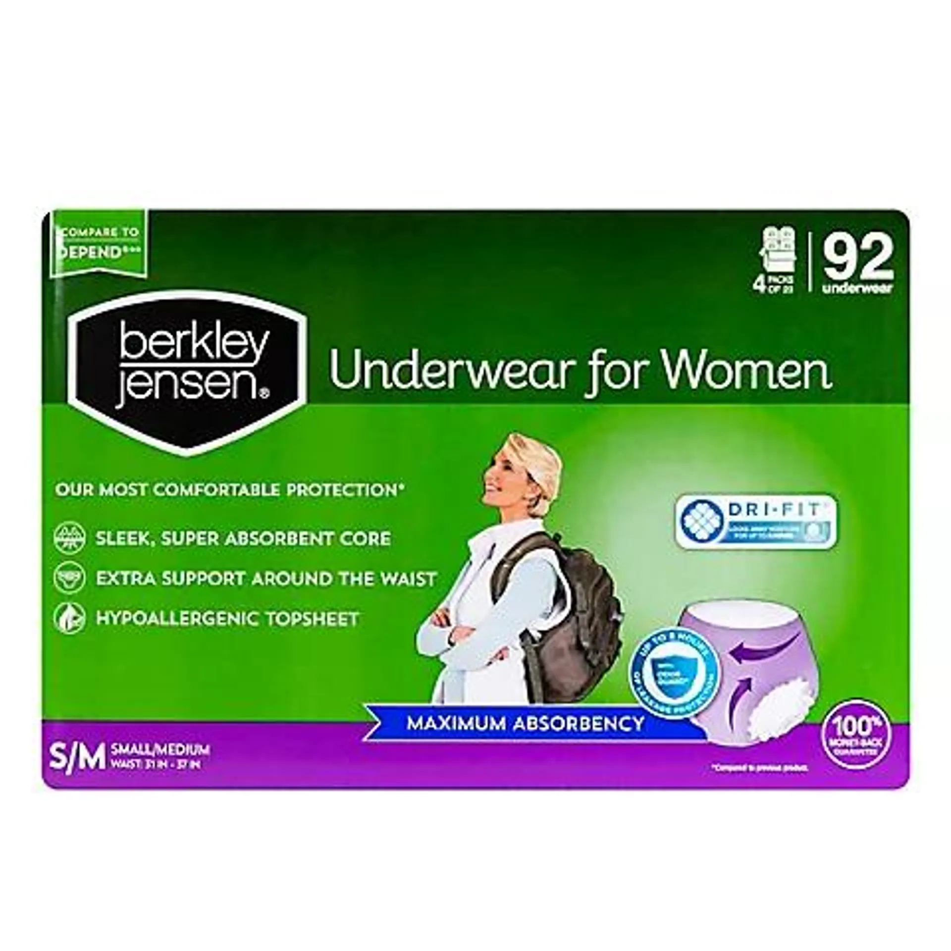 Berkley Jensen Incontinence and Post Partum Underwear for Women, Size Small/Medium, 92 ct.