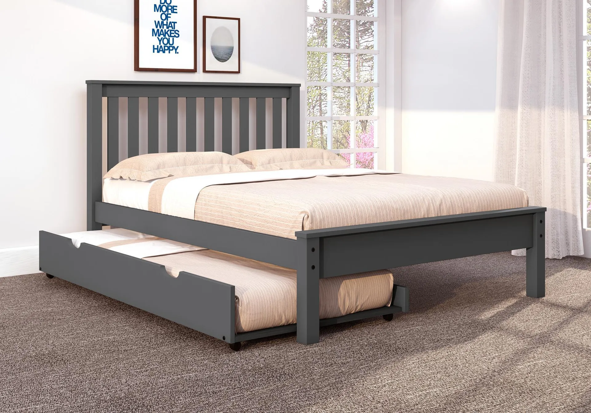 Cama tamaño full gris oscuro con cama corrediza tamaño twin