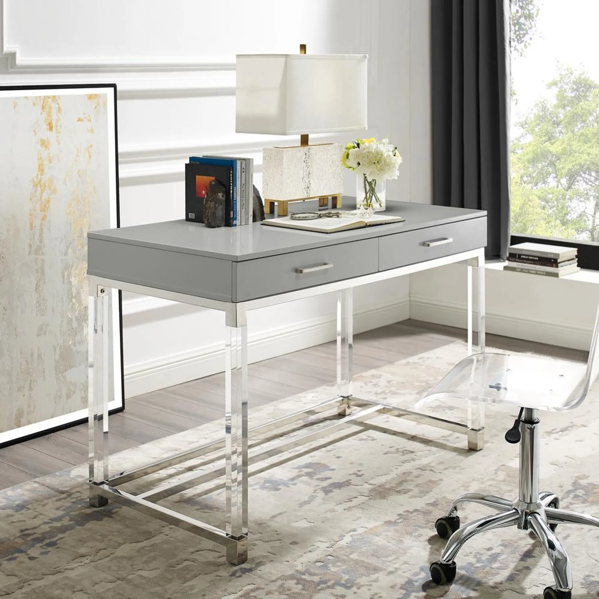 Inspired Home Caspian 2 Drawers Writing Desk with Acrylic Legs