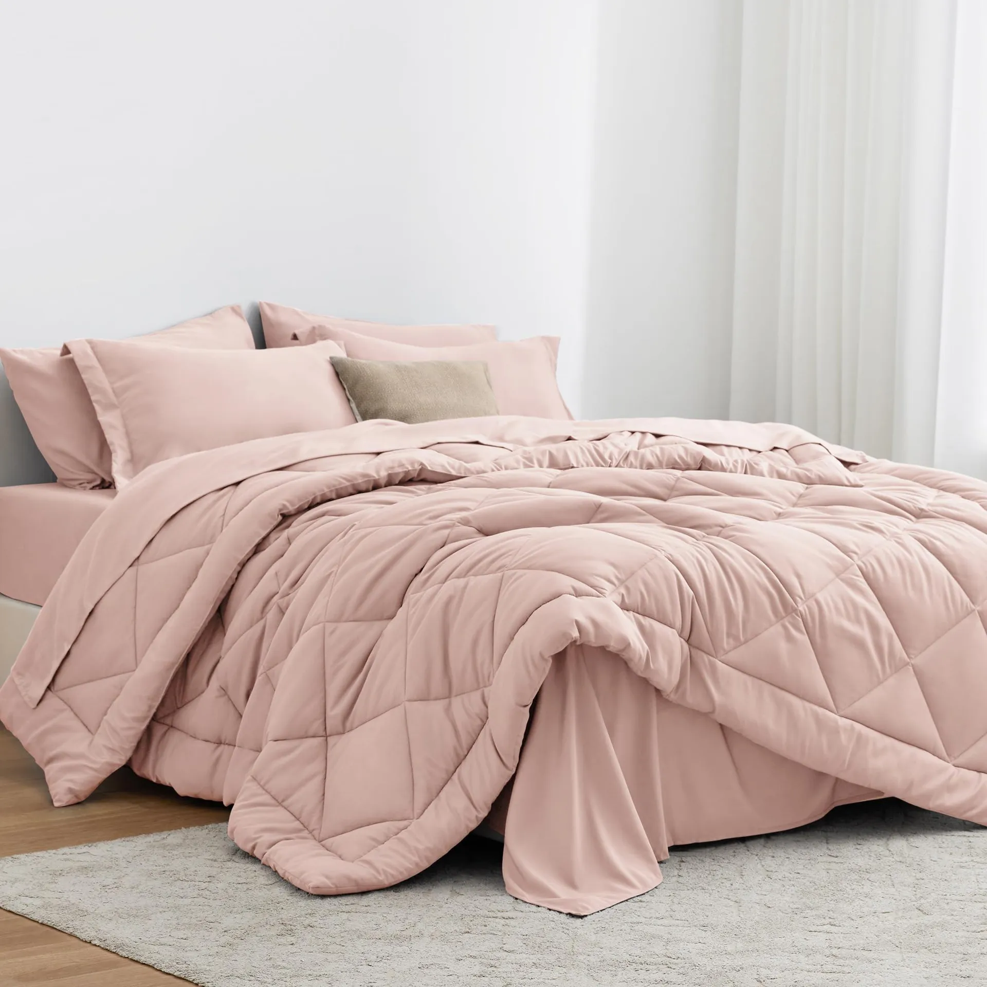 Love's cabin King Size Comforter Set Pink, 7 Pieces King Bed in a Bag, All Season King Bedding Sets with 1 Comforter, 1 Flat She