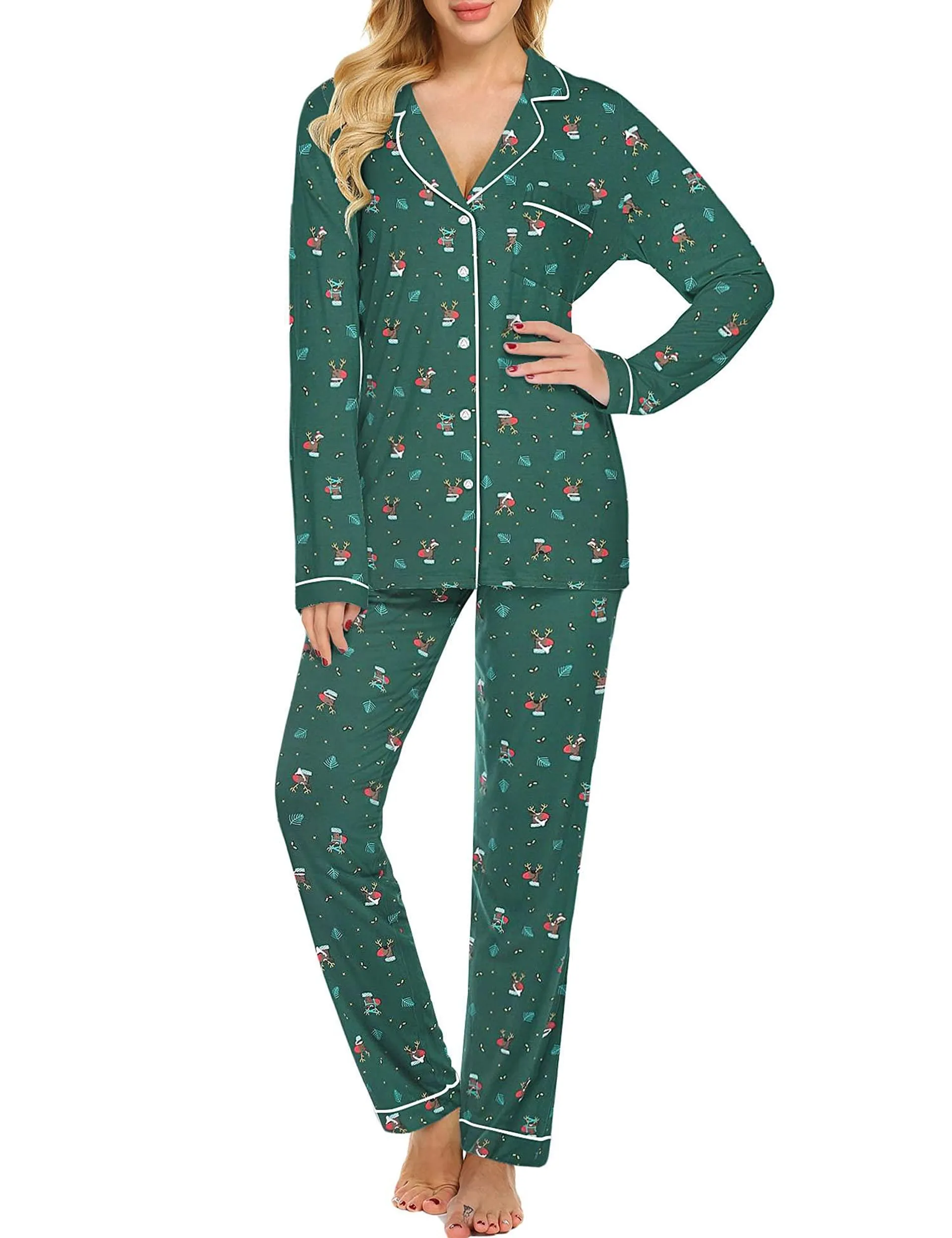 Ekouaer Womens christmas Lounge Set Soft Modal cotton Pajama Sets Button Down Sleepwear Pj Lounge Wear (green with Elk,XS)