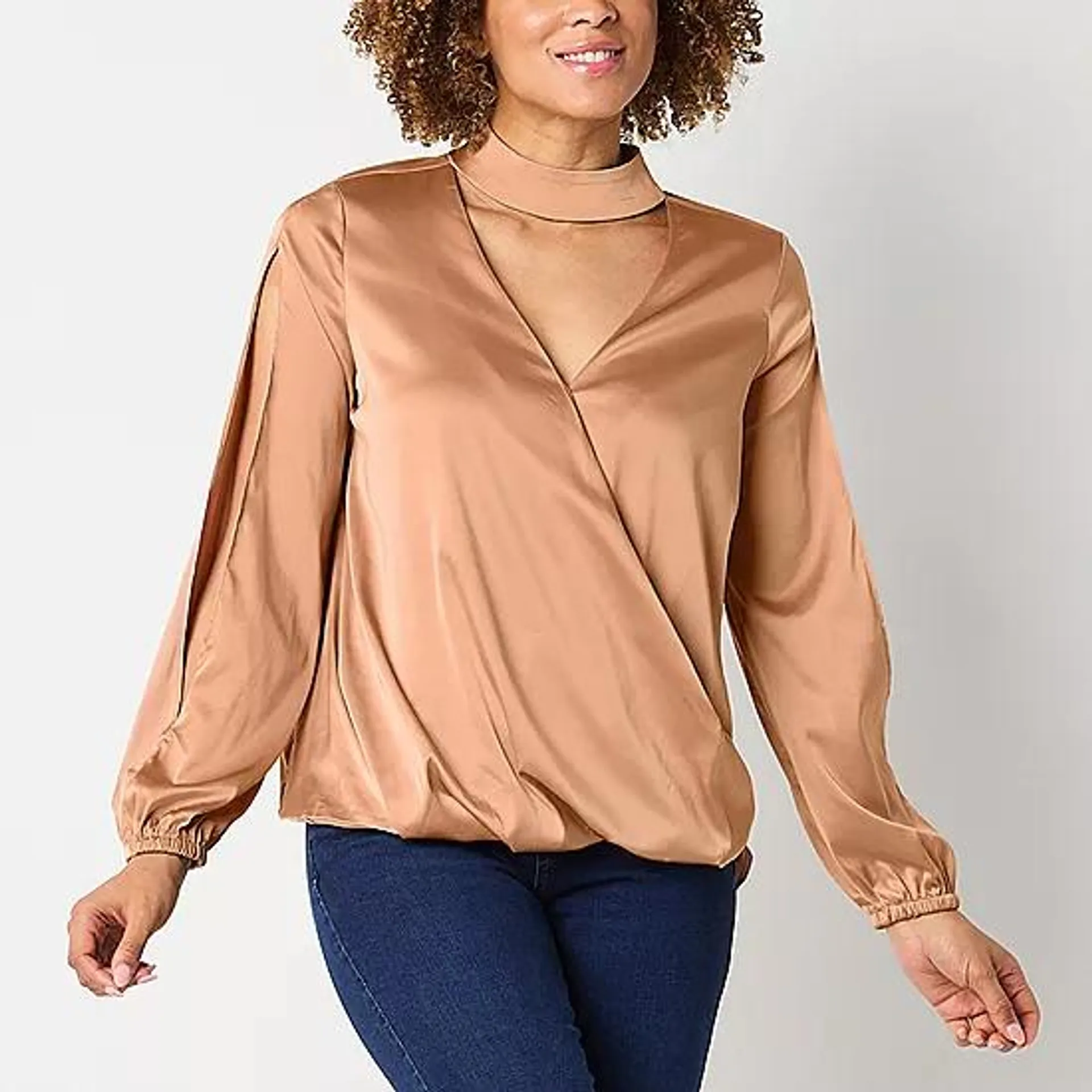 new! Bold Elements Womens V Neck Long Sleeve Satin Blouse