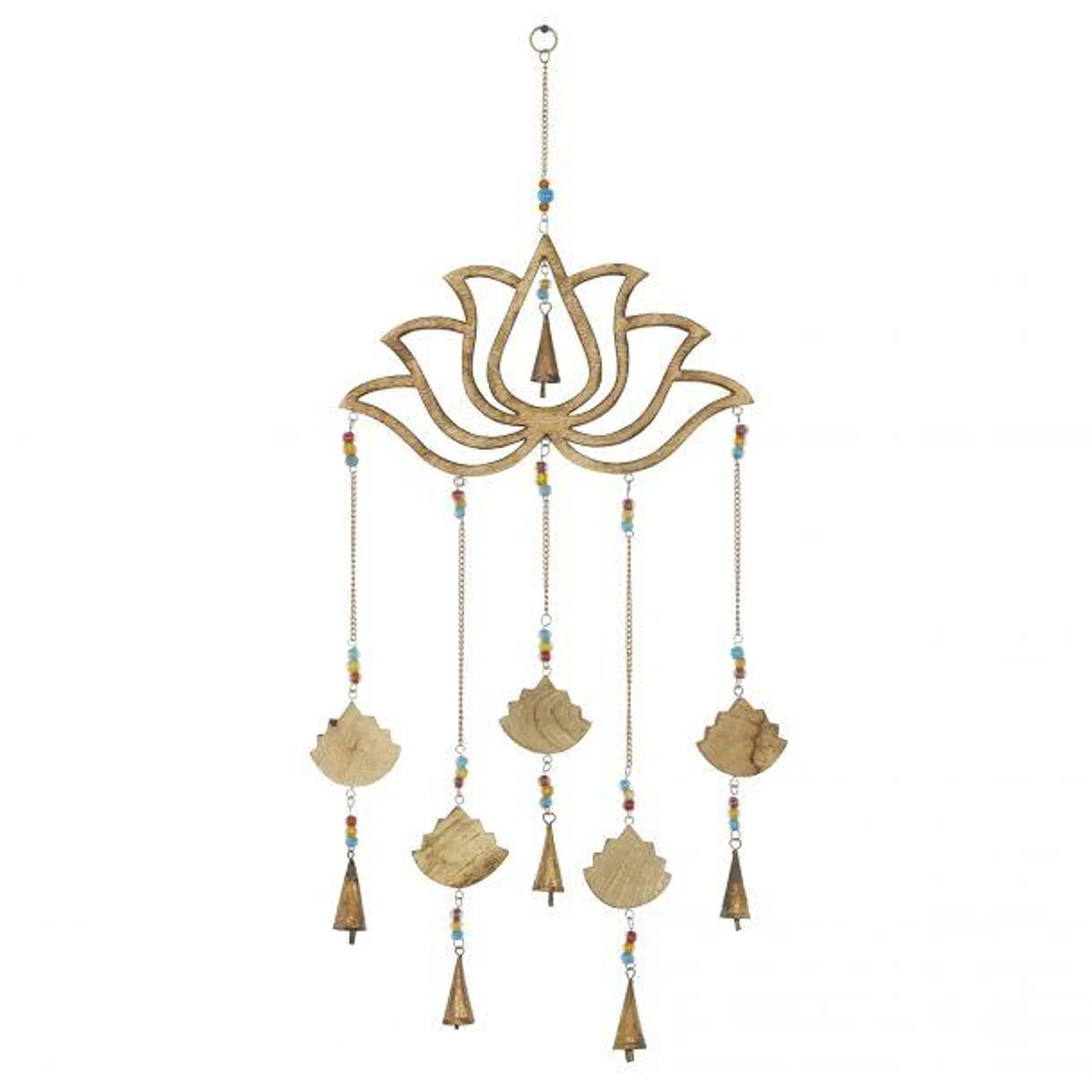 Marisol + Daisy Eclectic 30" Mango Wood Lotus Wind Chime with Flowers and Cone Bells - Gold