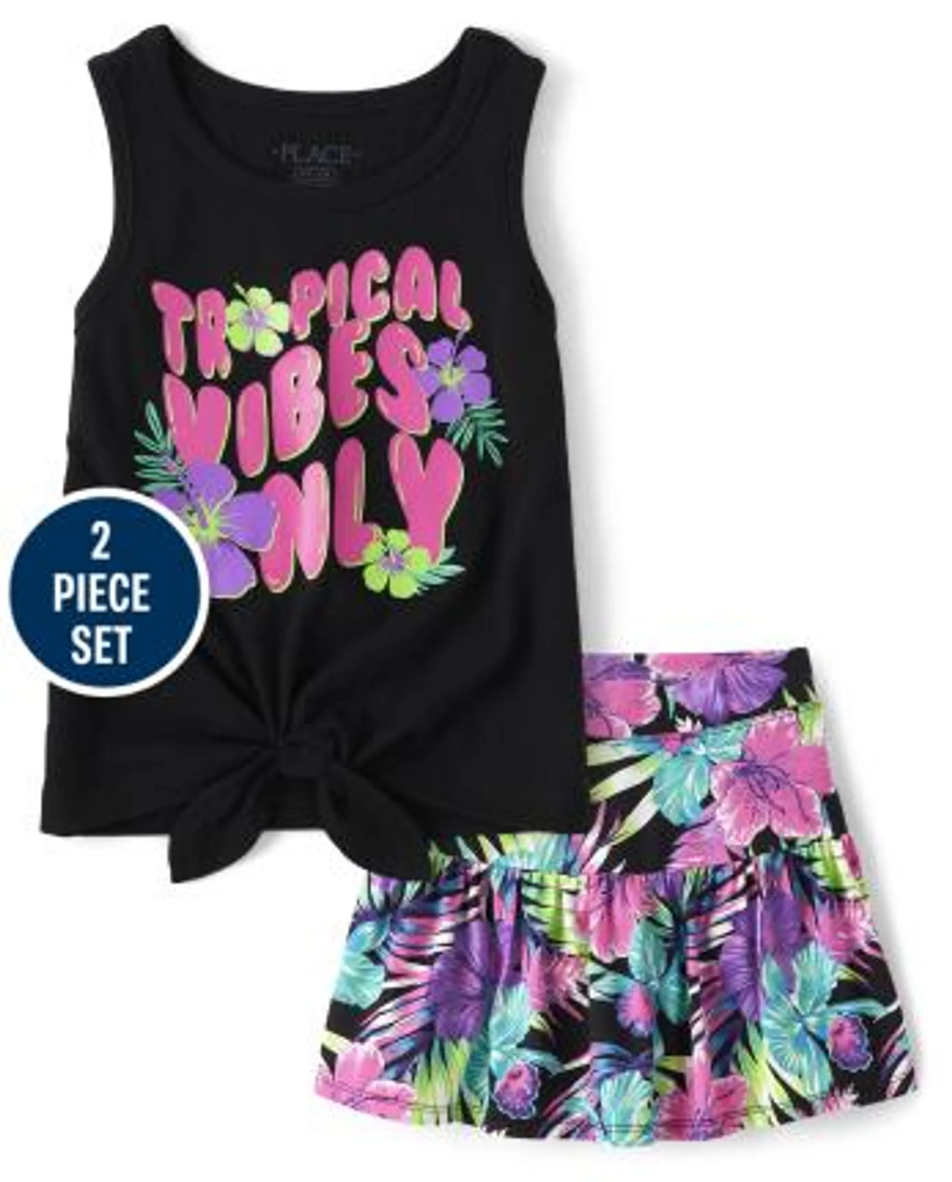 Girls Tropical Vibes 2-Piece Outfit Set - black