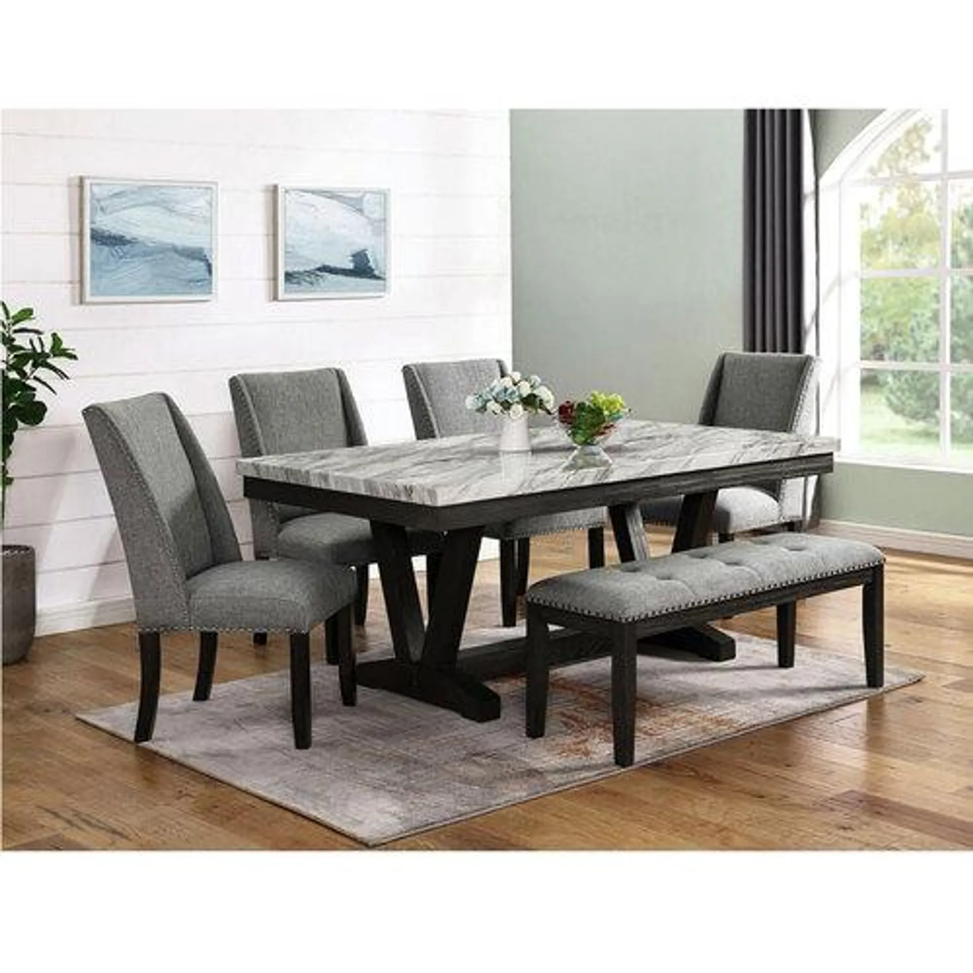 Everdeen Faux Marble Top Dining Table/Trestle Base with Four Chairs & Bench