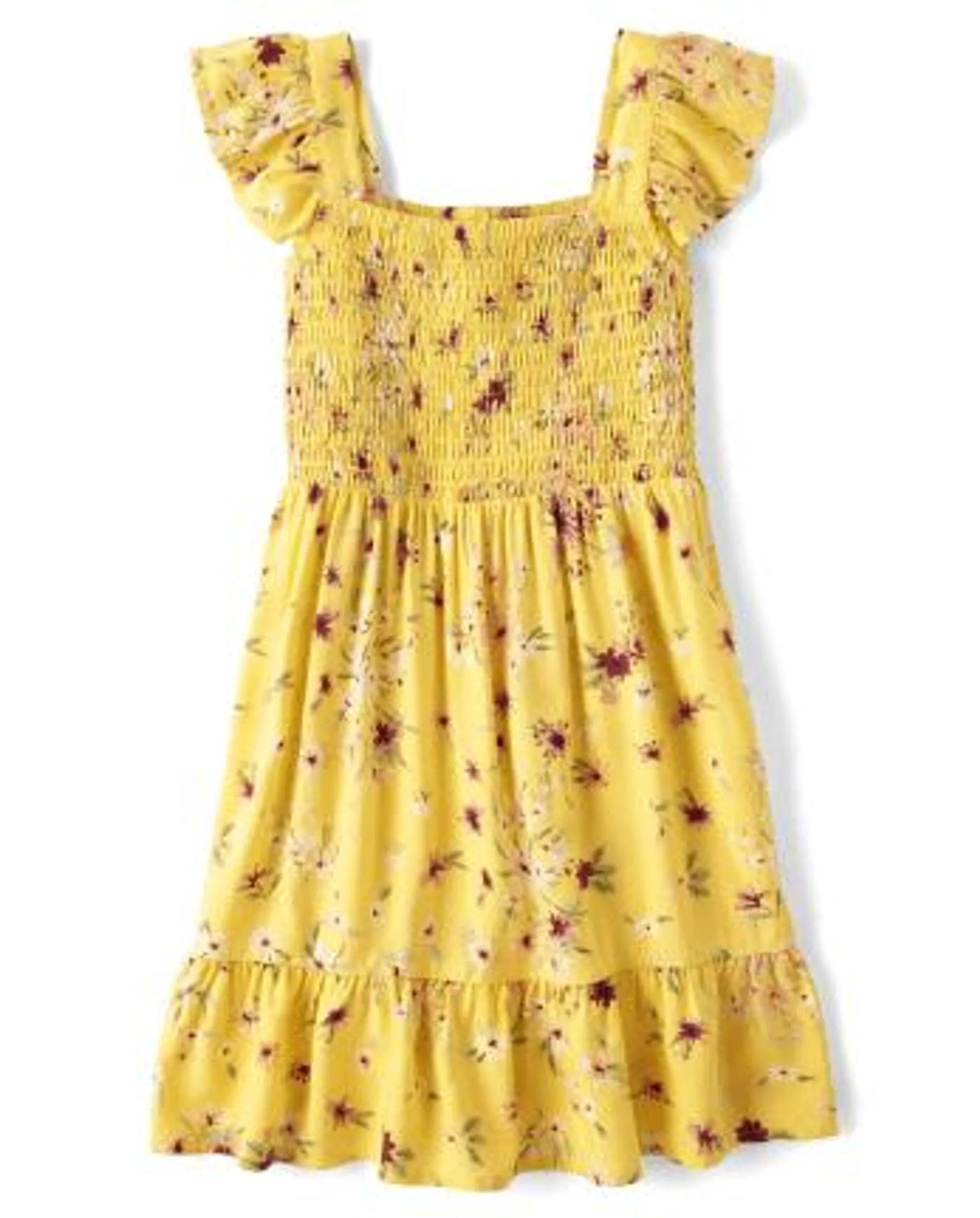 Girls Floral Smocked Ruffle Dress - banana pudding