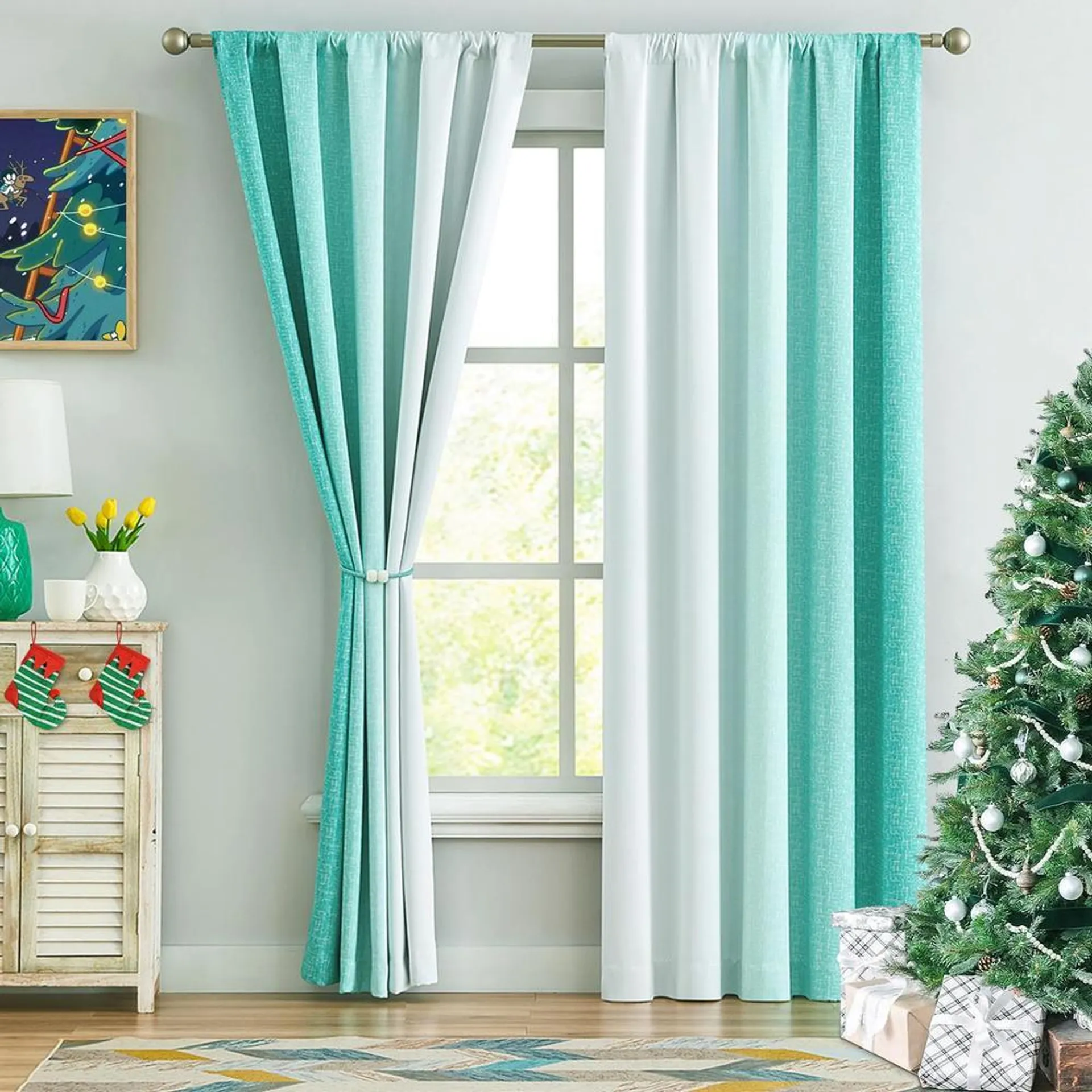 Geomoroccan Ombre Full Blackout Curtains 84 Inches Long, Teal and White 2 Tone Reversible Christmas Window Treatments for Bedroom Living Roo