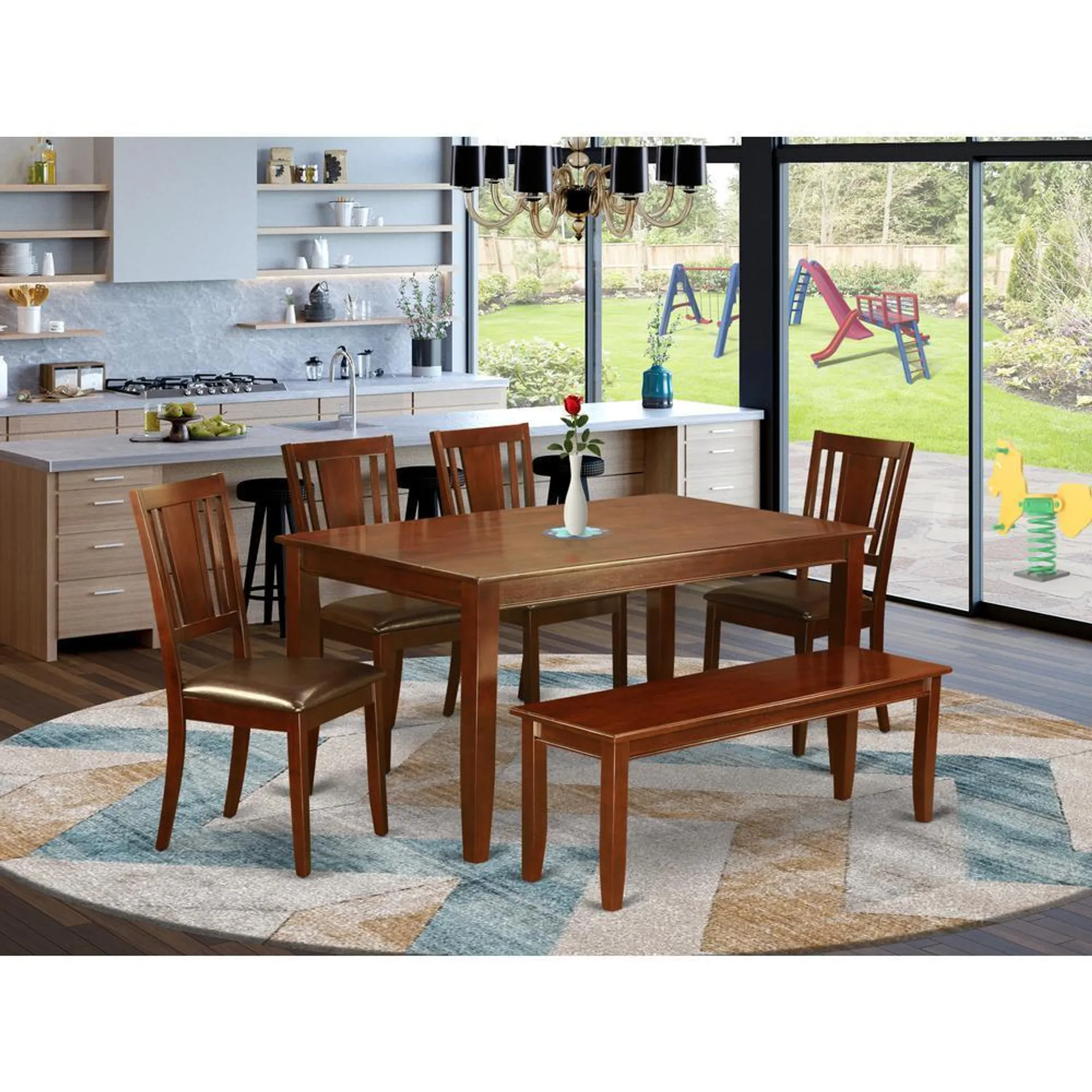 East West Furniture 6 PC Dining room set-with bench Kitchen table set -Table and 4 Dining Chairs and Bench