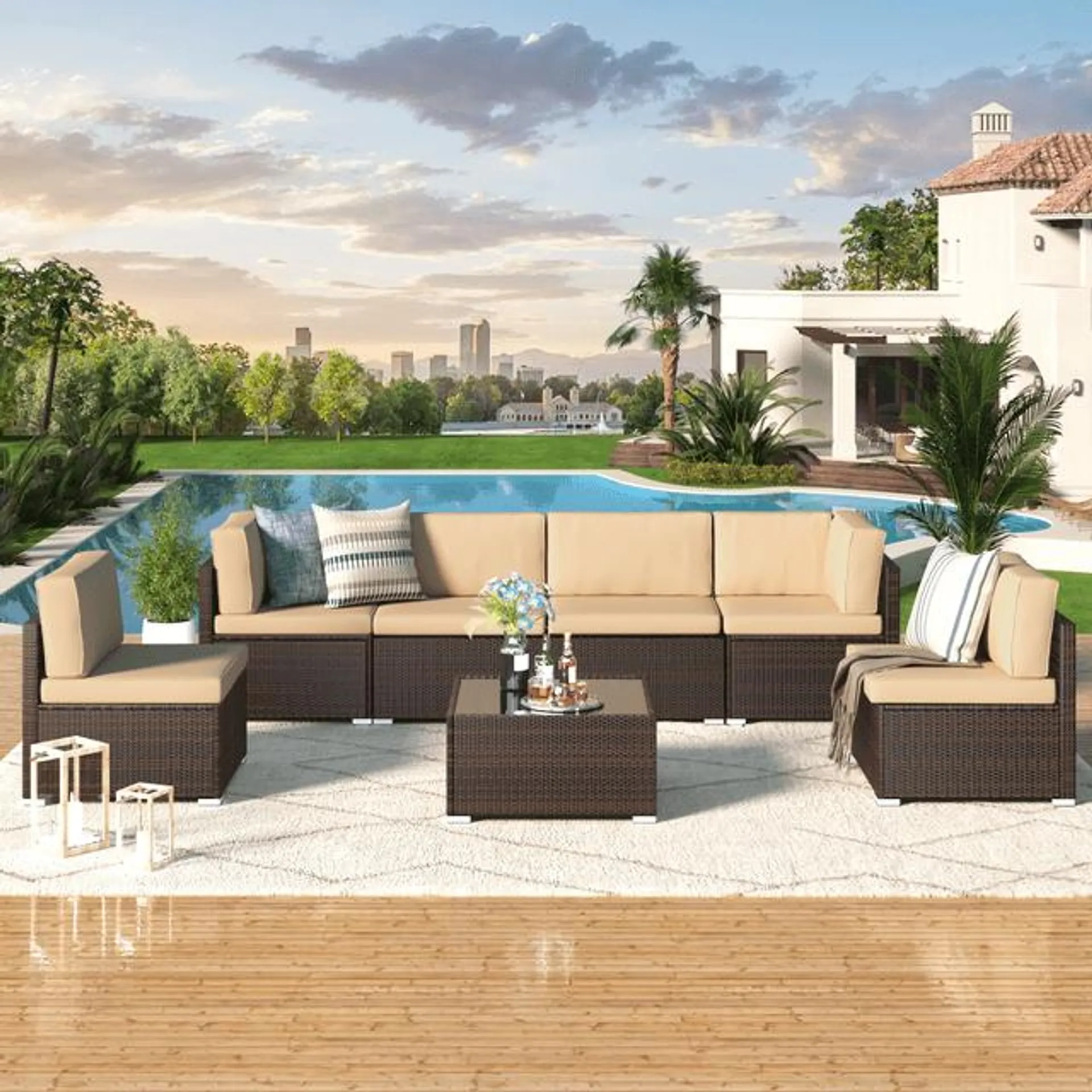 YODOLLA 7-Piece Patio Furniture Set on Sale, Rattan Wicker Outdoor Sectional Sofa Couch with Table Patio Conversation Set for Lawn& Backyard In Beige