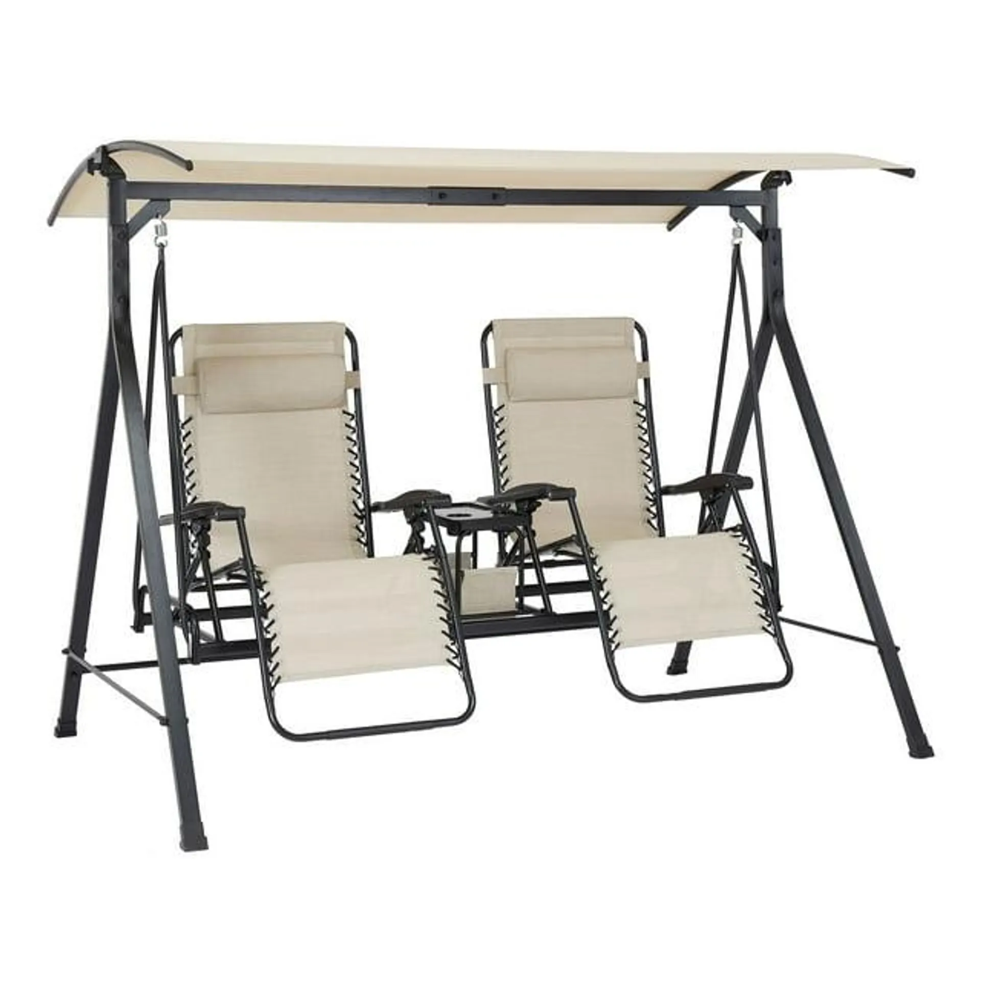 Mainstays 2-Seat Reclining Oversized Zero-Gravity Swing with Canopy and Center Storage Console, Beige/Black