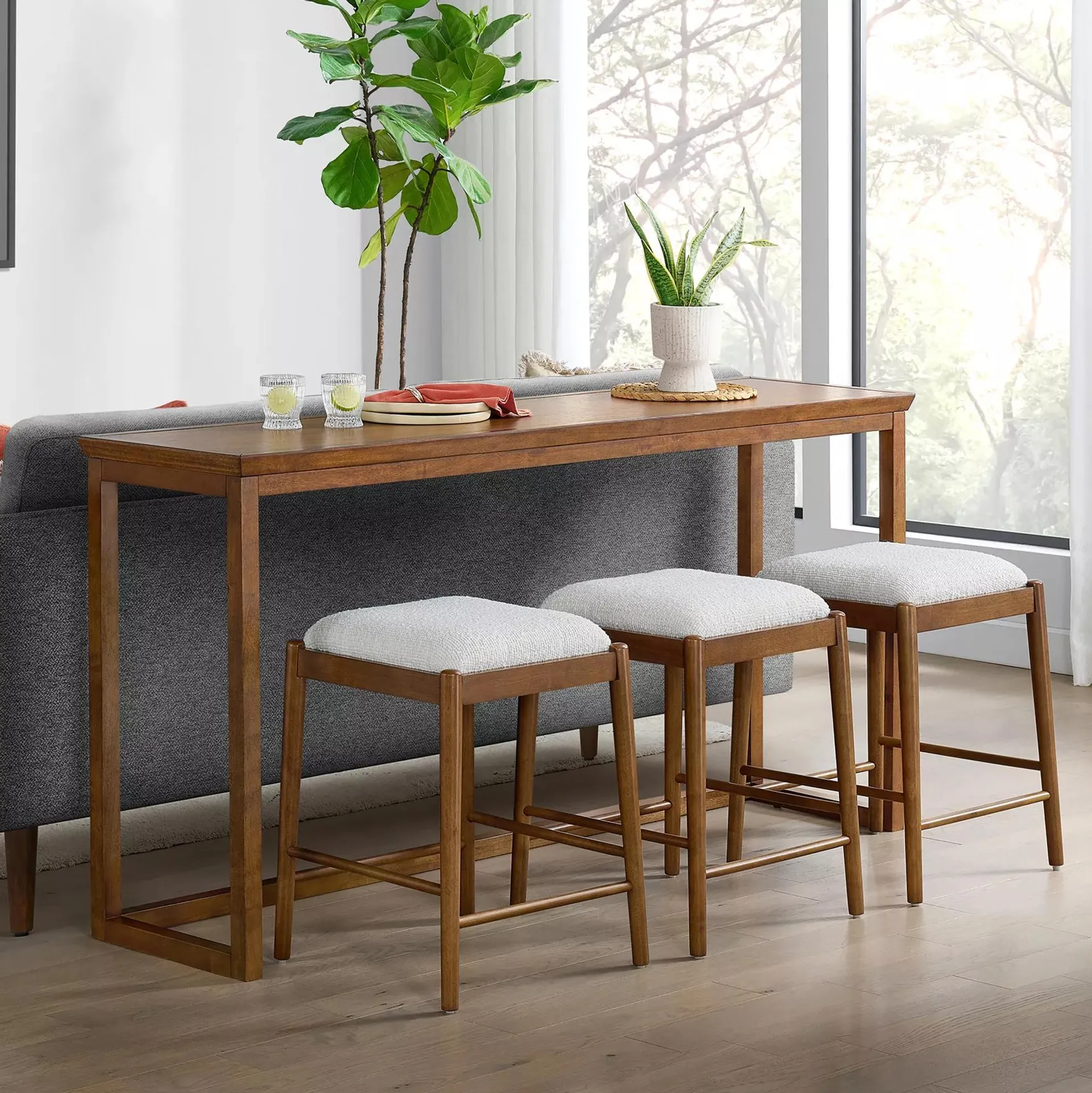 Olivette Wood Sofa Table with 3 Stools - Dark Walnut Finish