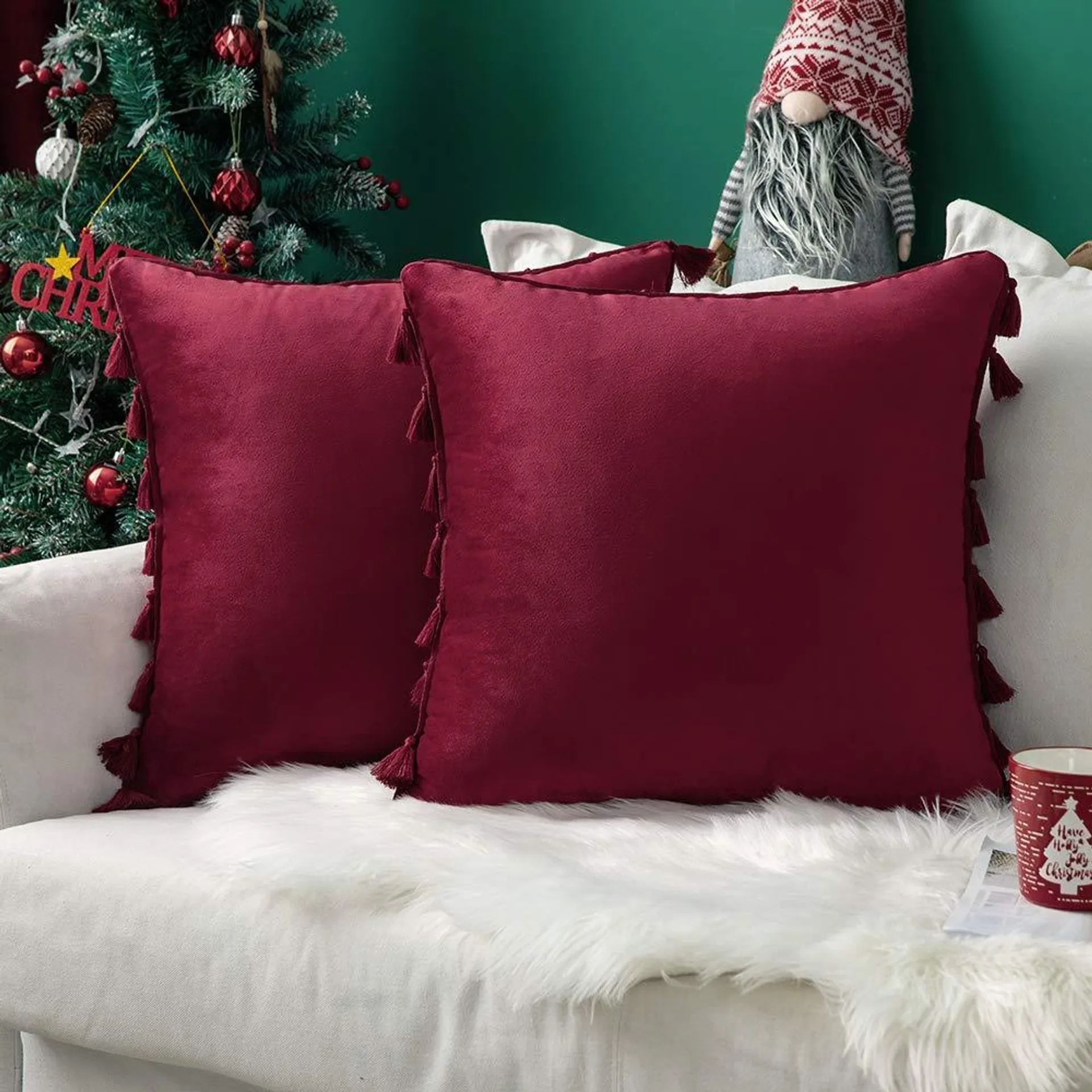 MIULEE christmas Pack of 2 Velvet Soft Decorative Throw Pillow covers with Tassels Wine Red Fringe Boho Accent cushion case for