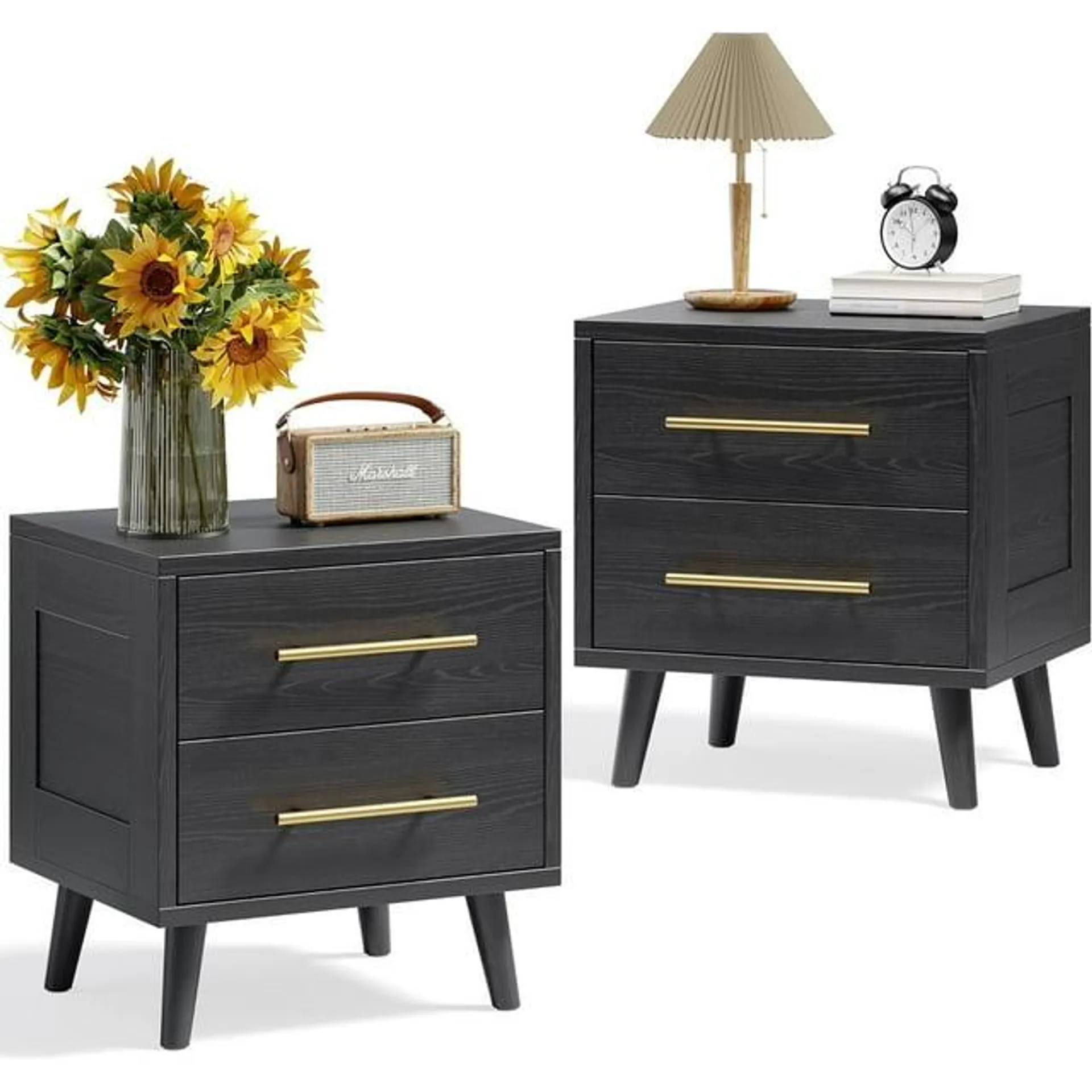 Nightstand Set 2, Lofka Bedside Table Set with 2 Drawers for Bedroom, Modern Wood Nightstand with Metal Handles 2 Drawer Dresser, 20" Height, Black