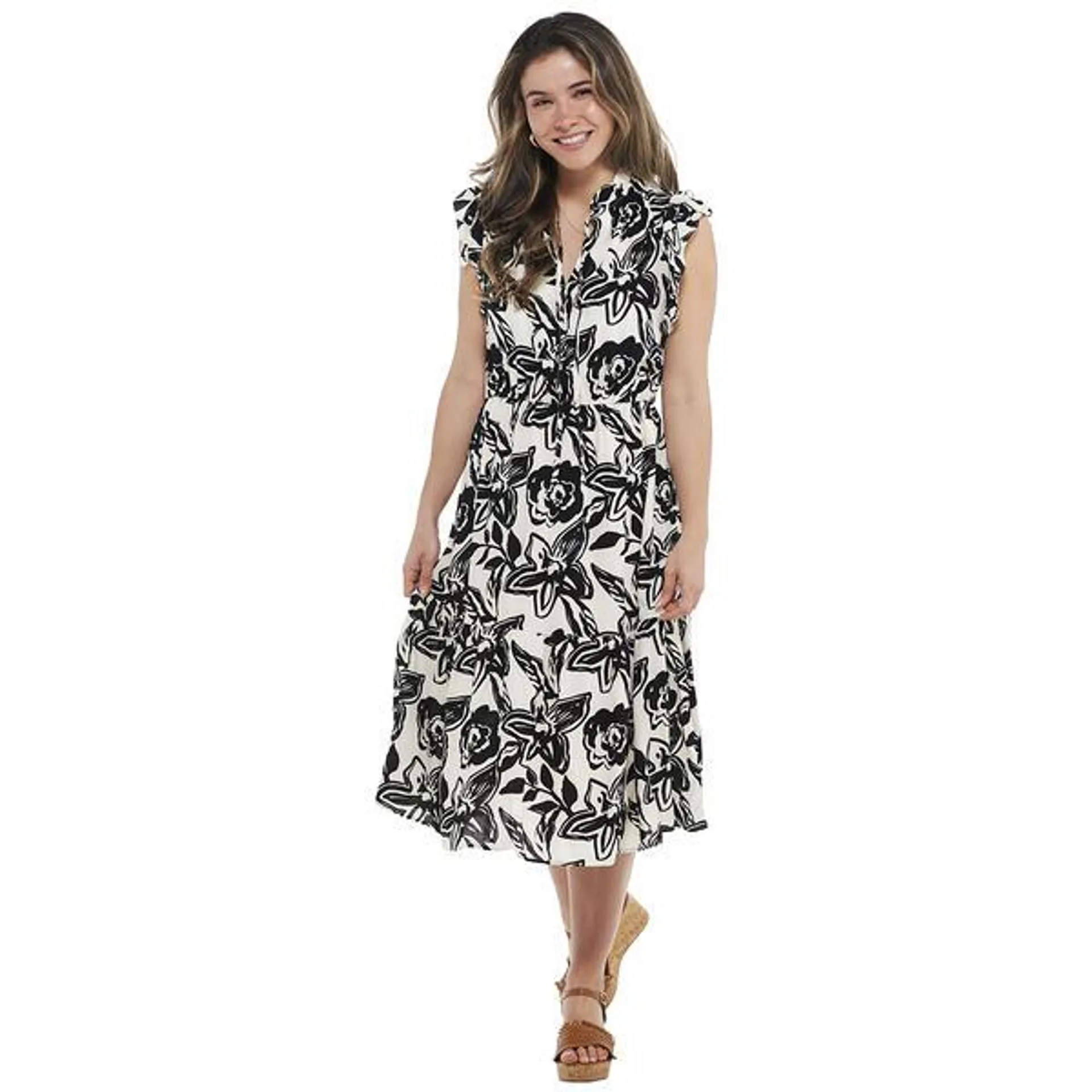 Womens Absolutely Famous Ruffle Cap Sleeve Pattern Midi Dress