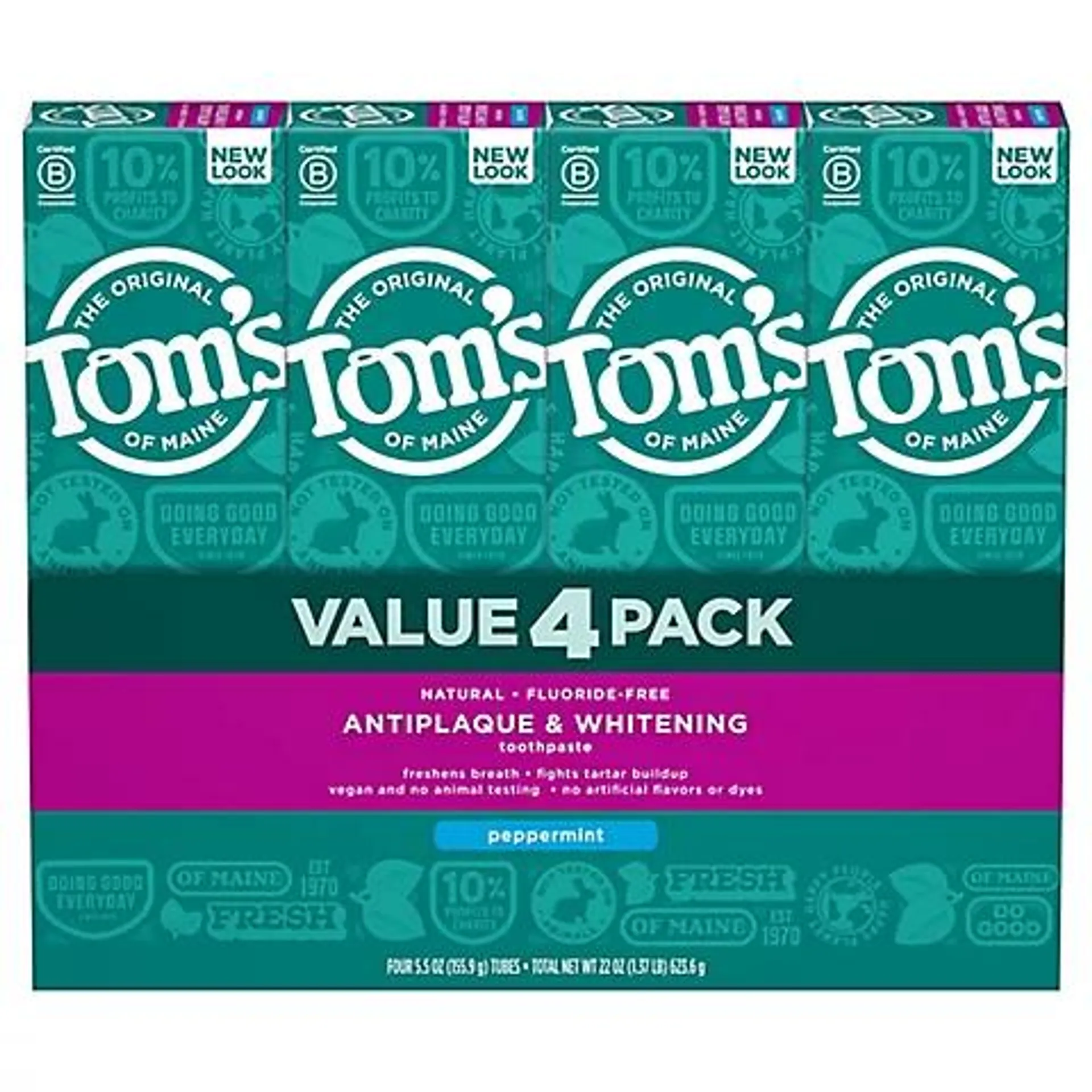 Tom's of Maine Antiplaque and Whitening Fluoride-Free Peppermint Toothpaste, 4 pk./5.5 oz.