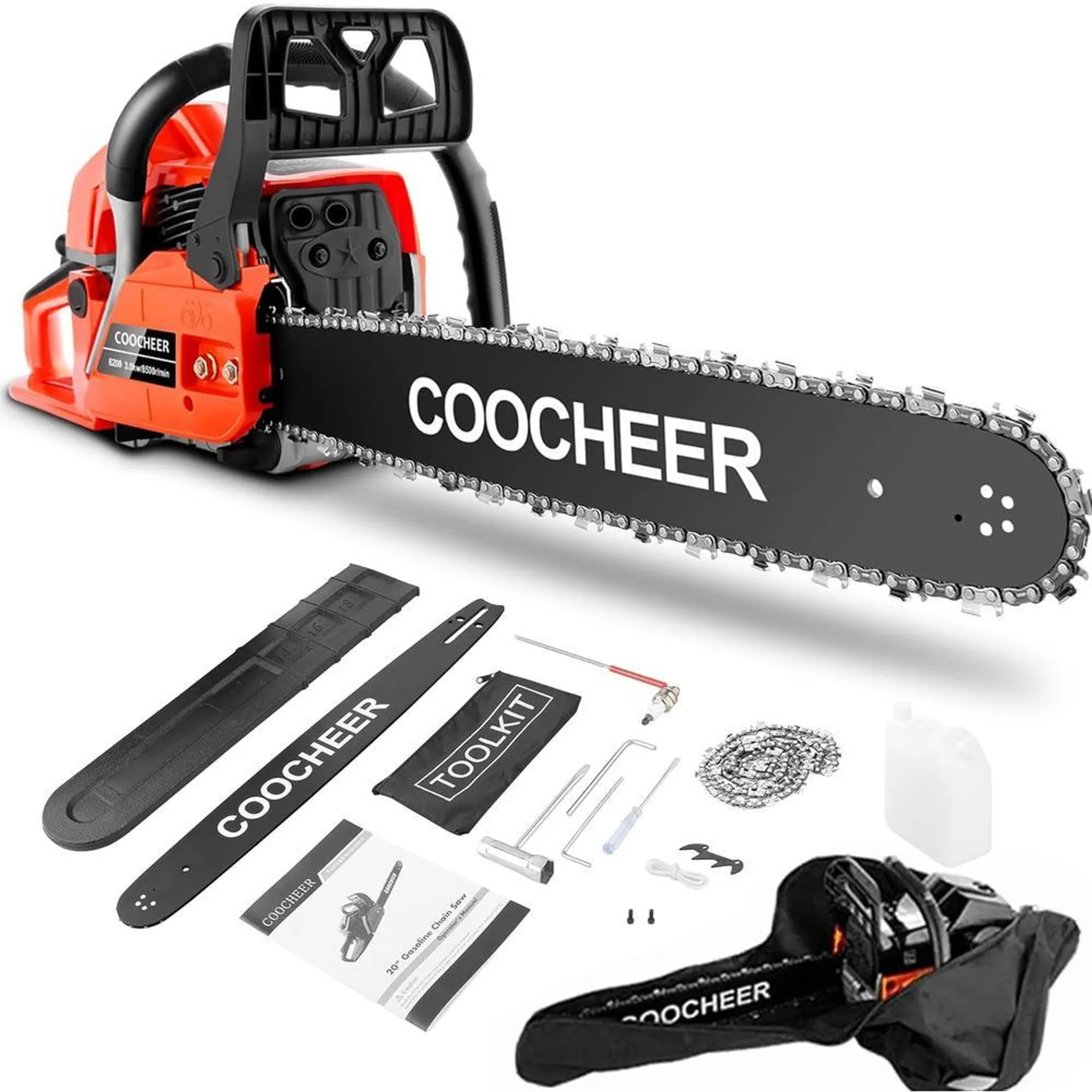 COOCHEER 62CC 2-Cycle 3.5HP Gas Powered Chainsaw,20" Bar,Carrying Bag&Tool Kit Included,Handheld Cordless Chainsaw for Cutting Wood&Trees