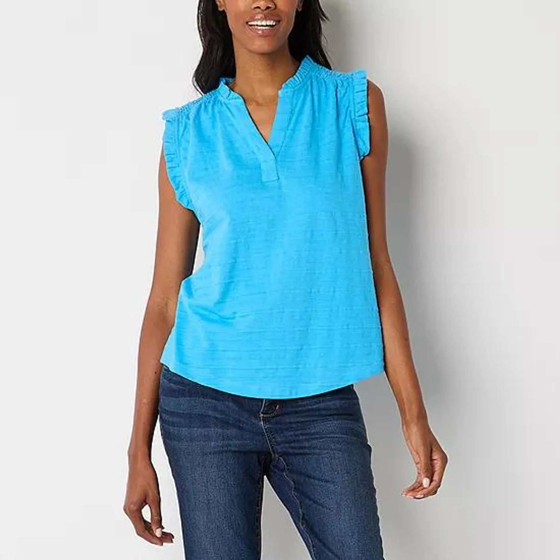 St. John's Bay Womens Split Crew Neck Sleeveless Blouse