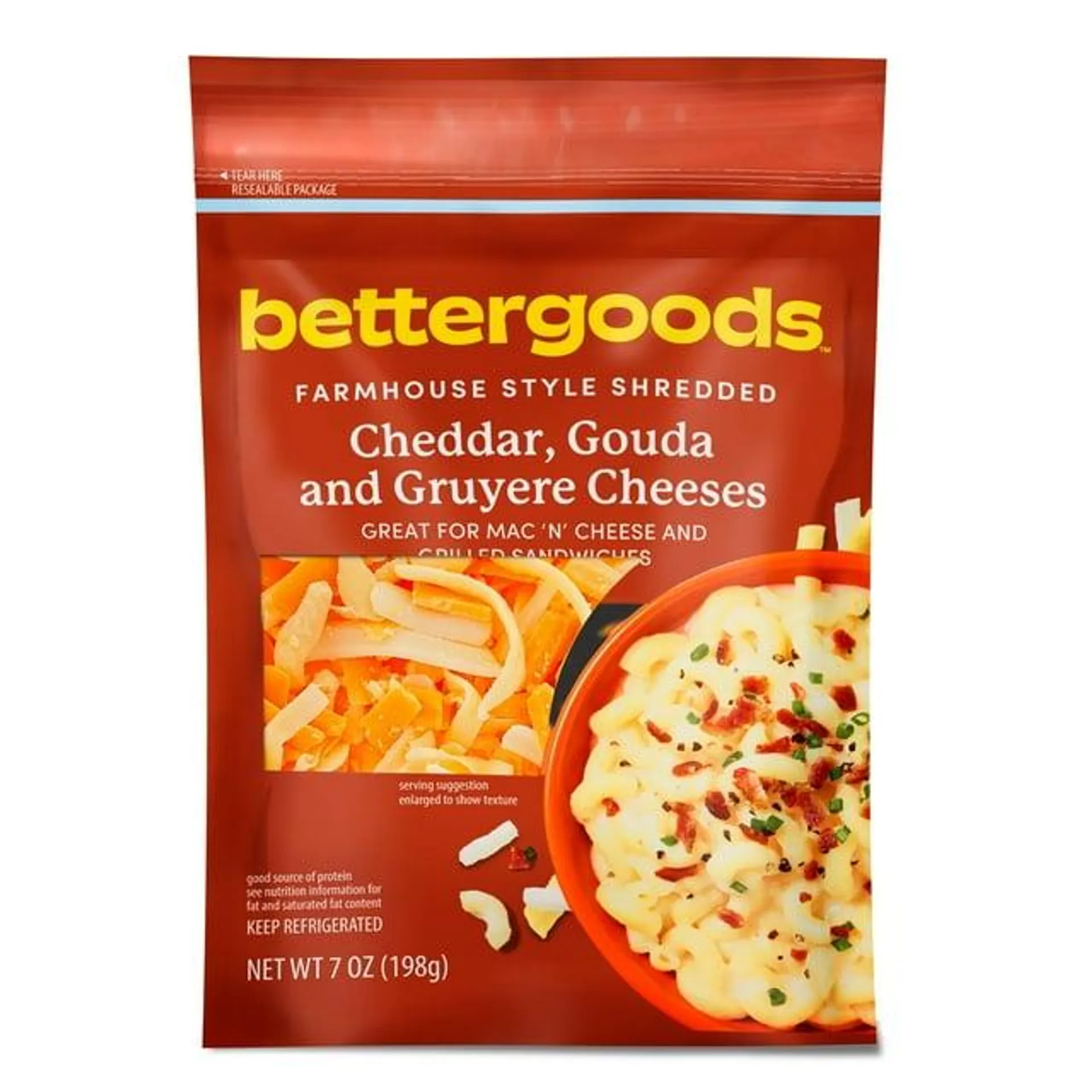 bettergoods Farmhouse Style Shredded Cheddar, Gouda, and Gruyere Cheeses, 7 oz