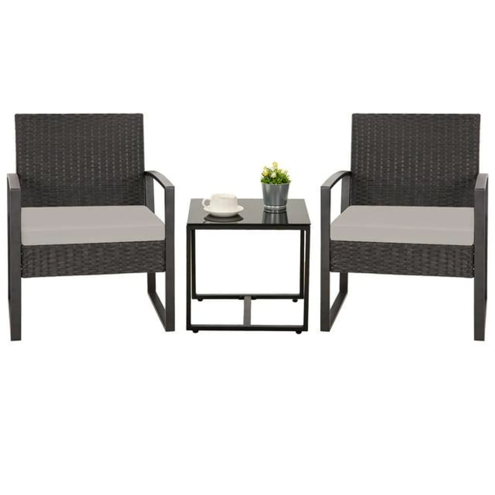 Ainfox 3 Piece Patio Bistro Set, Outdoor Furniture Set Wicker Rattan Chairs and Coffee Table Conversation Set,Black