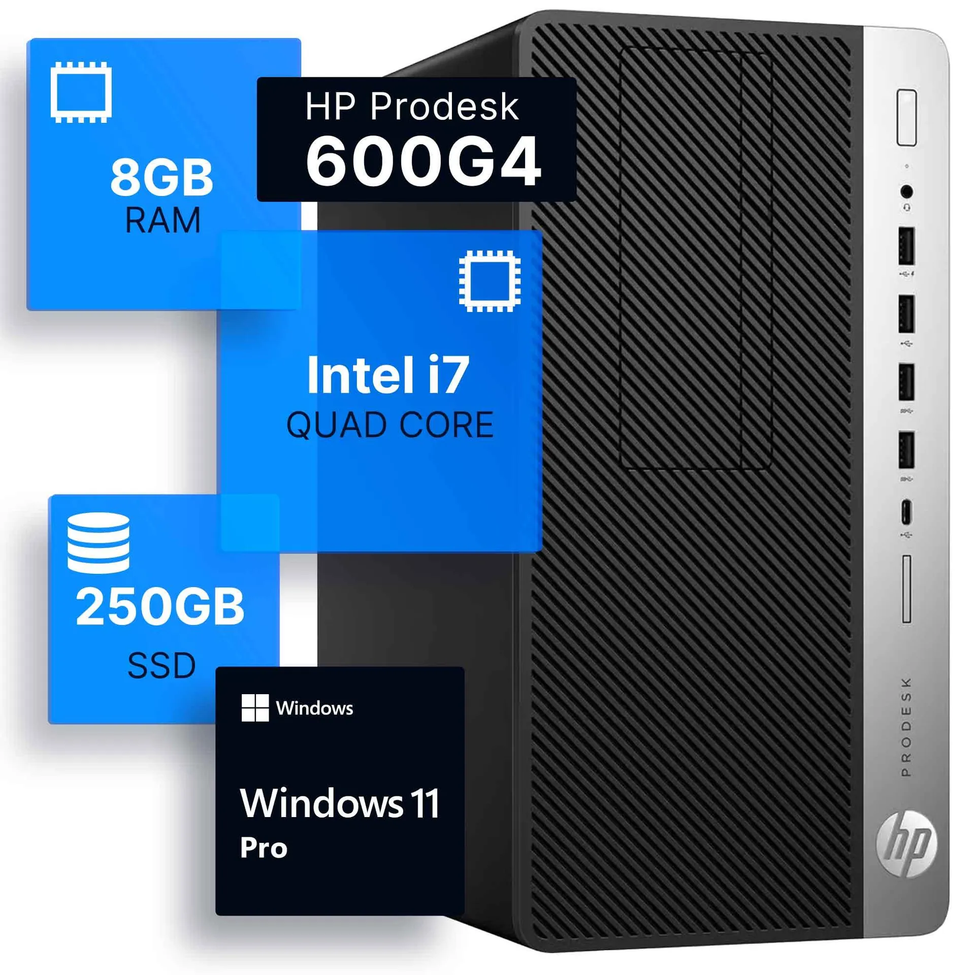 HP ProDesk 600G4 Tower Desktop Computer | Intel i7-8700 (3.4) | 8GB DDR4 RAM | 250GB SSD | Win 11 Pro | Home or Office PC