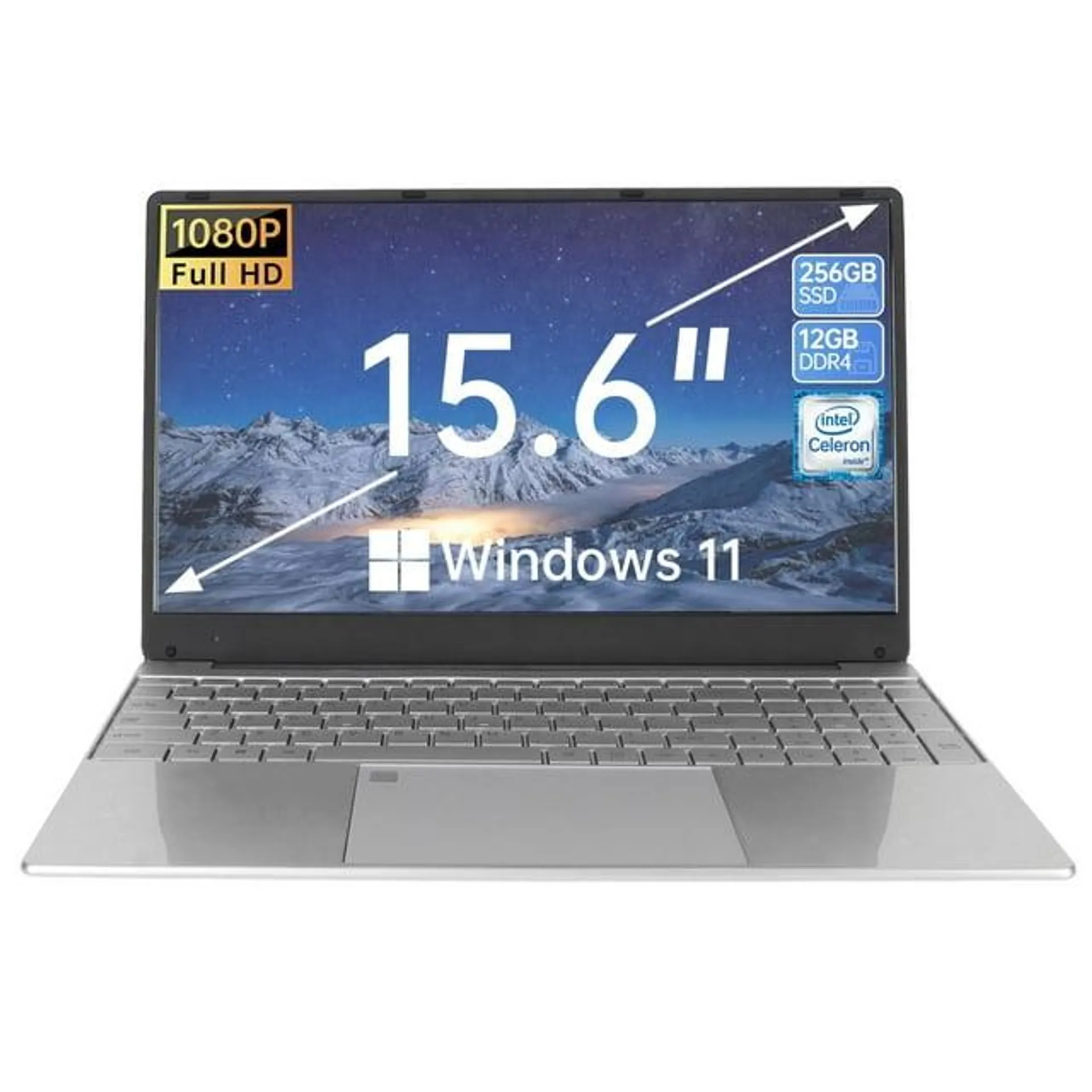 15.6 inch Laptop 1920*1080 FHD IPS Display, 12GB DDR4 256GB SSD Quad-Core Intel N5095 Processors, WiFi, Bluetooth, Fingerprint, Backlit Keyboard, Windows 11 Computer, 15" Lightweight Laptop, Silver