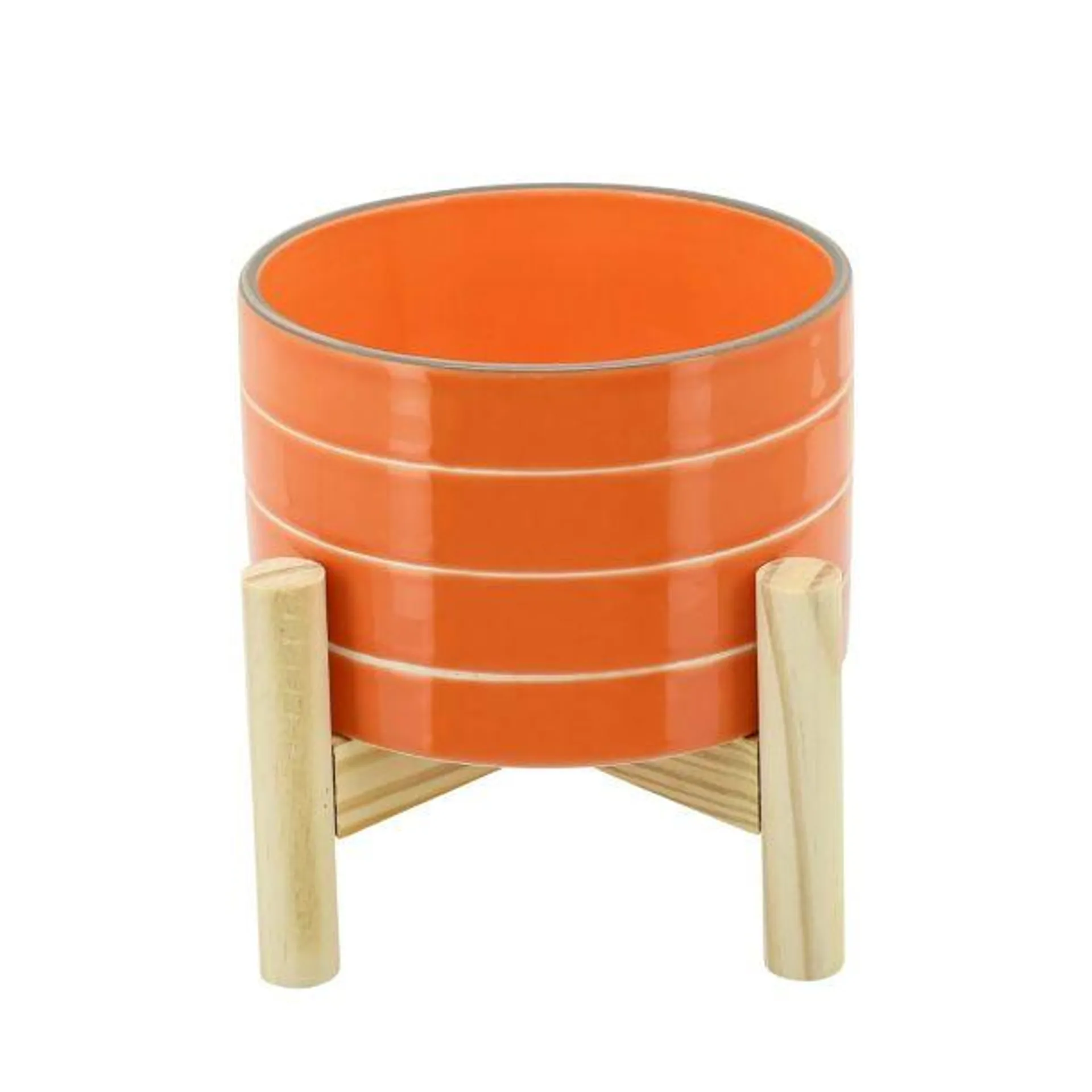 Sagebrook Home Ceramic 6" Striped Planter with Wood Stand - Orange