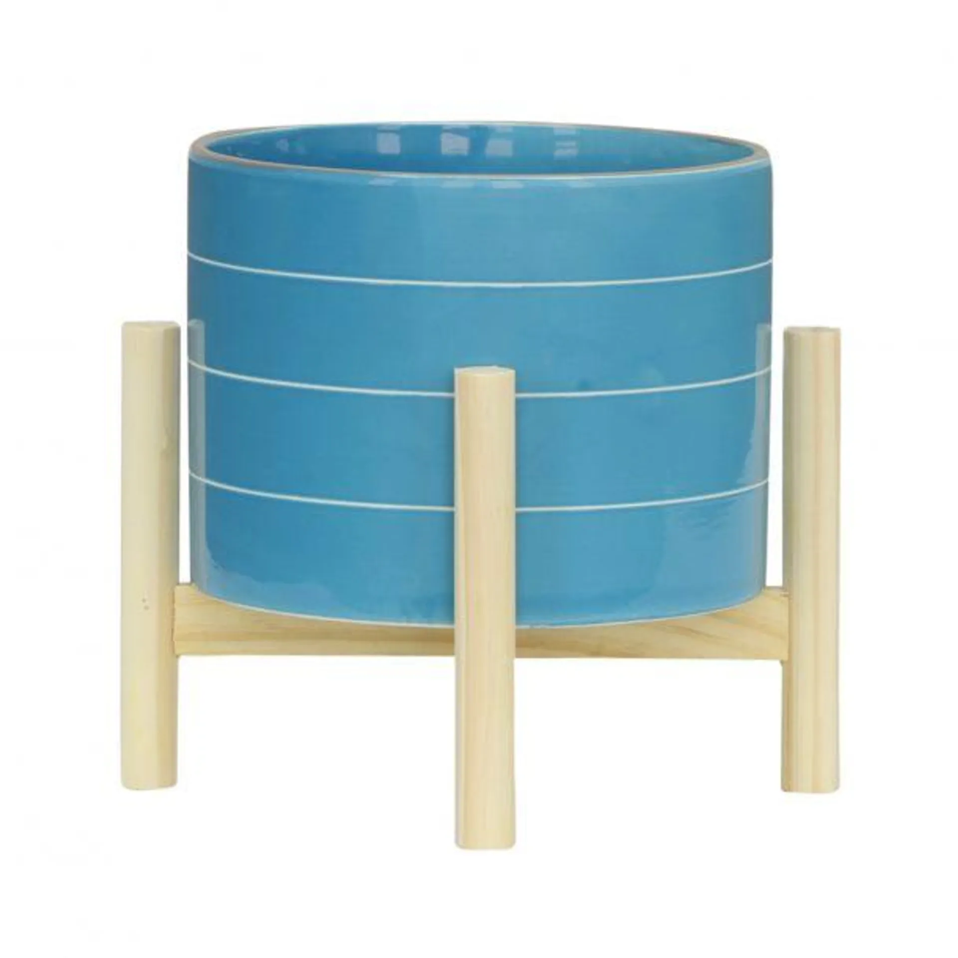 Sagebrook Home 8" Contemporary Ceramic Striped Planter with Wood Stand, Sky Blue