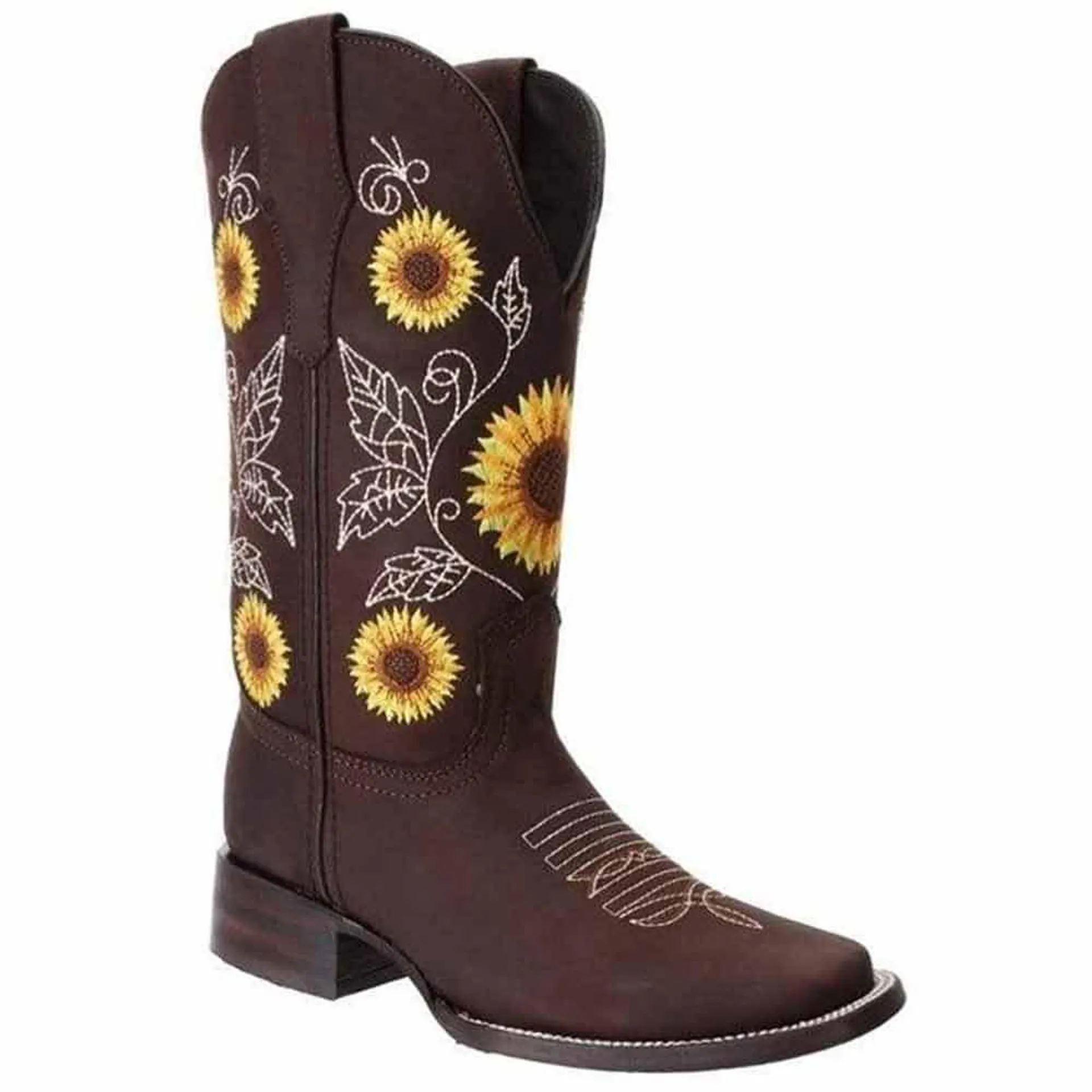 Botas de Cuero Horma Rodeo para Mujer Color Chocolate con Girasoles JB-1505CHO