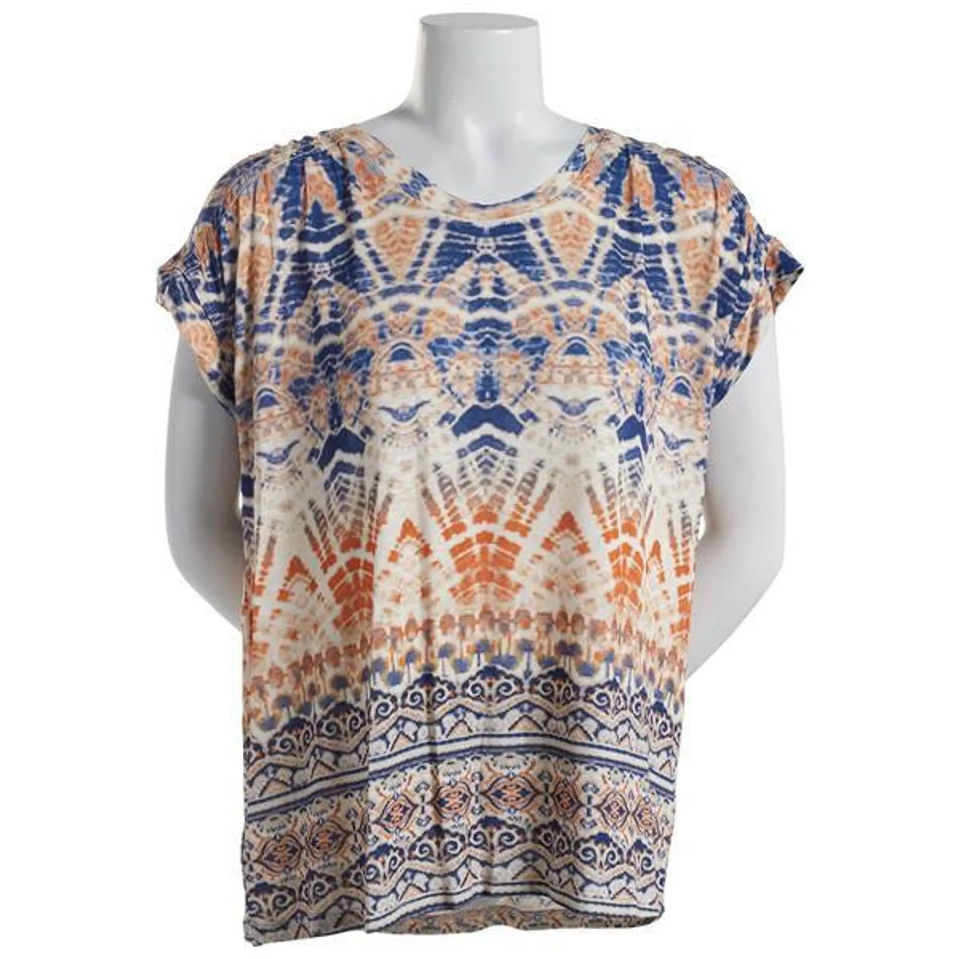 Womens OneWorld Pleat Shoulder Cap Sleeve Print Tee