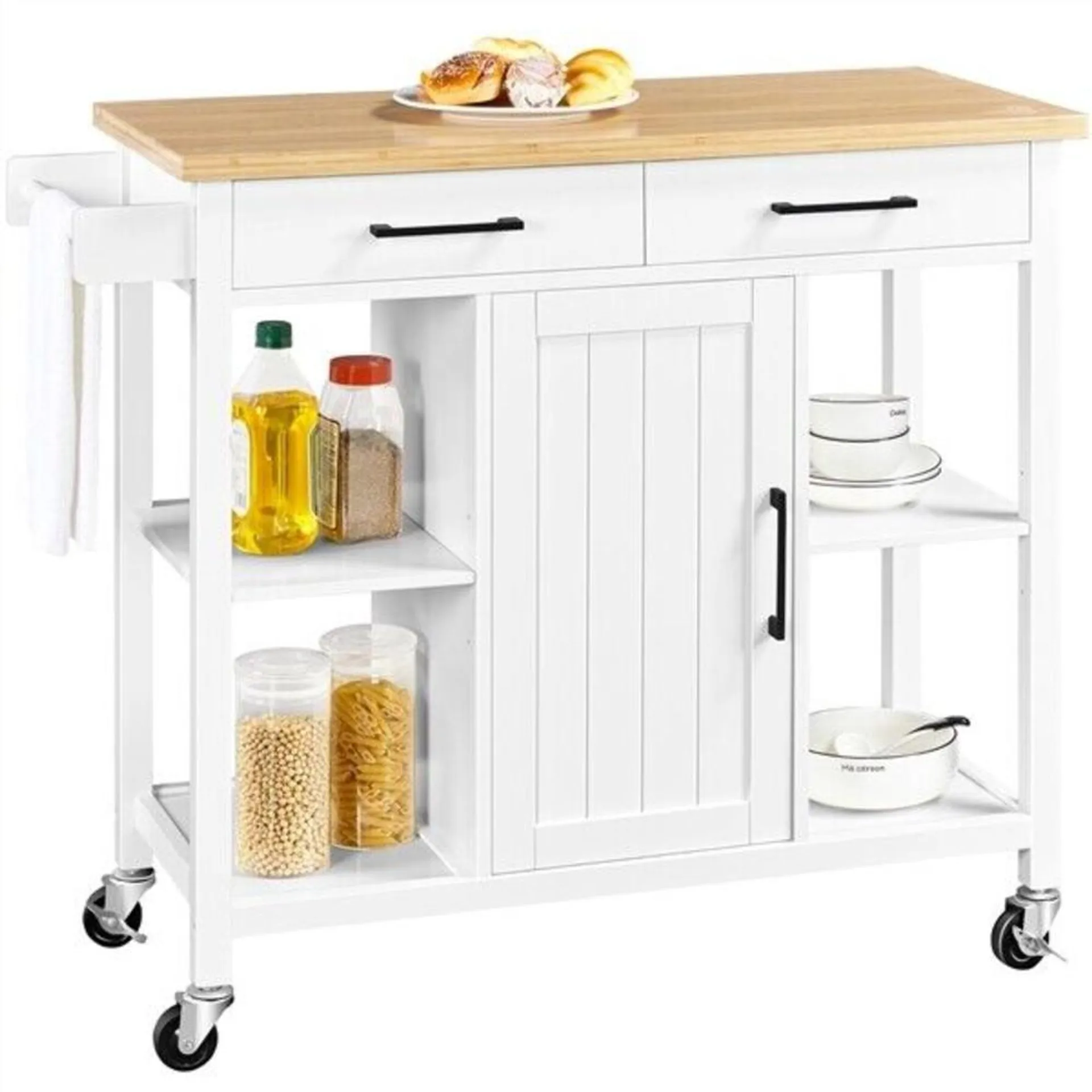 thinkstar Rolling Kitchen Island Kitchen Cart With Bamboo Top & Storage Cabinets & Drawer