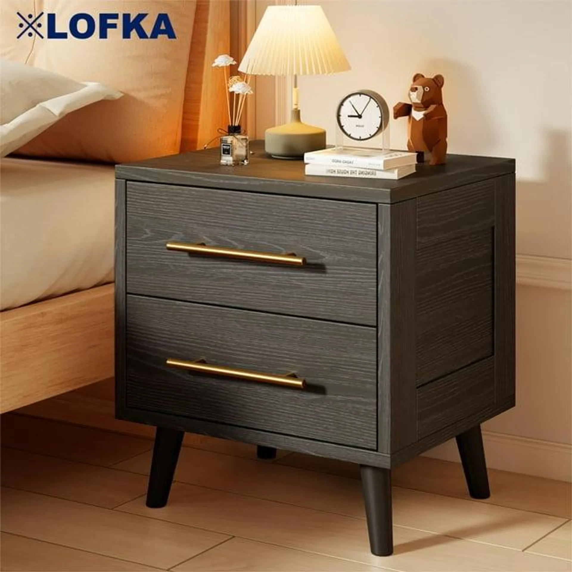 Night Stand with 2 Drawers, Lofka Bedside Table for Bedroom, Modern Wood Nightstand, 20" Height, Black