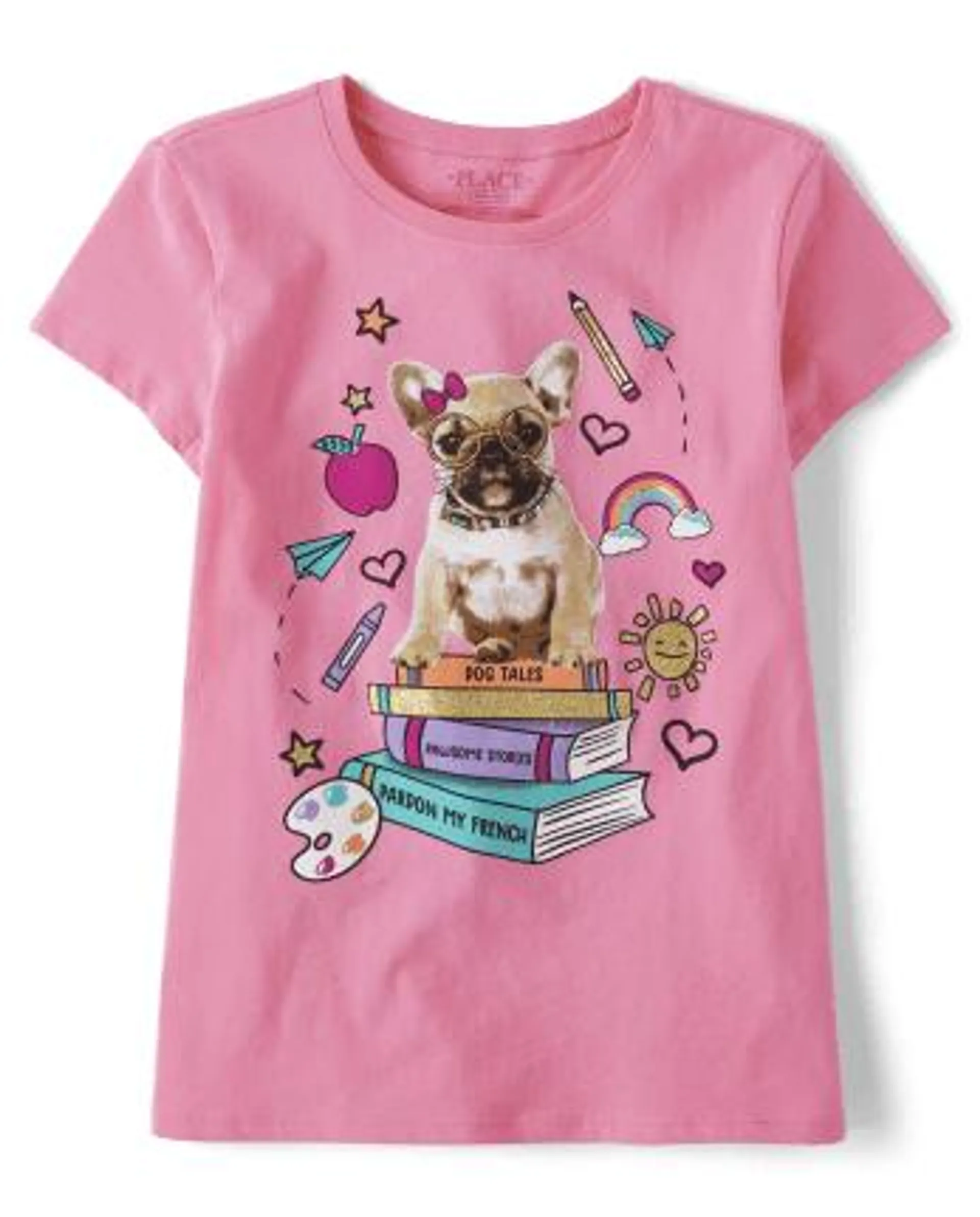 Girls Dog Books Graphic Tee - peony petals