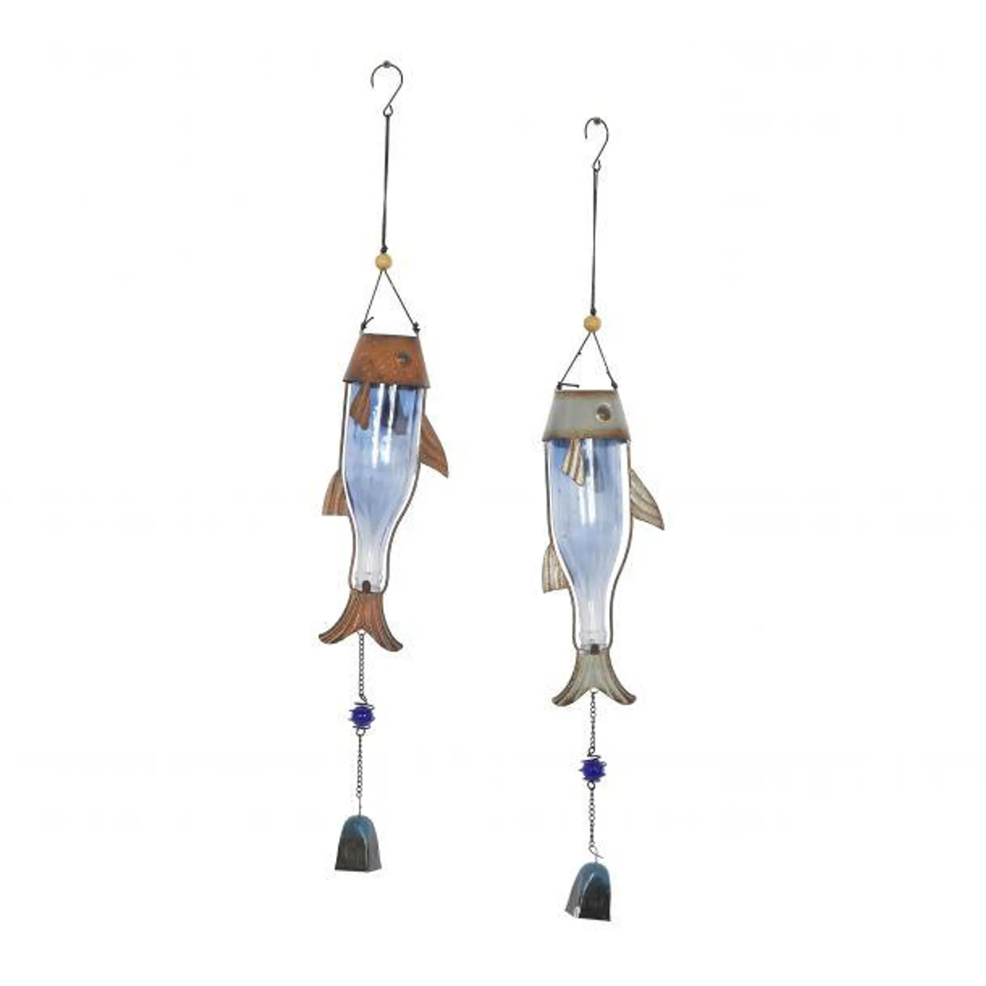 Marisol + Daisy Coastal 32" Metal Fish Wind Chime with Glass Bottle Body and Beads (Set of 2) - Multicolor