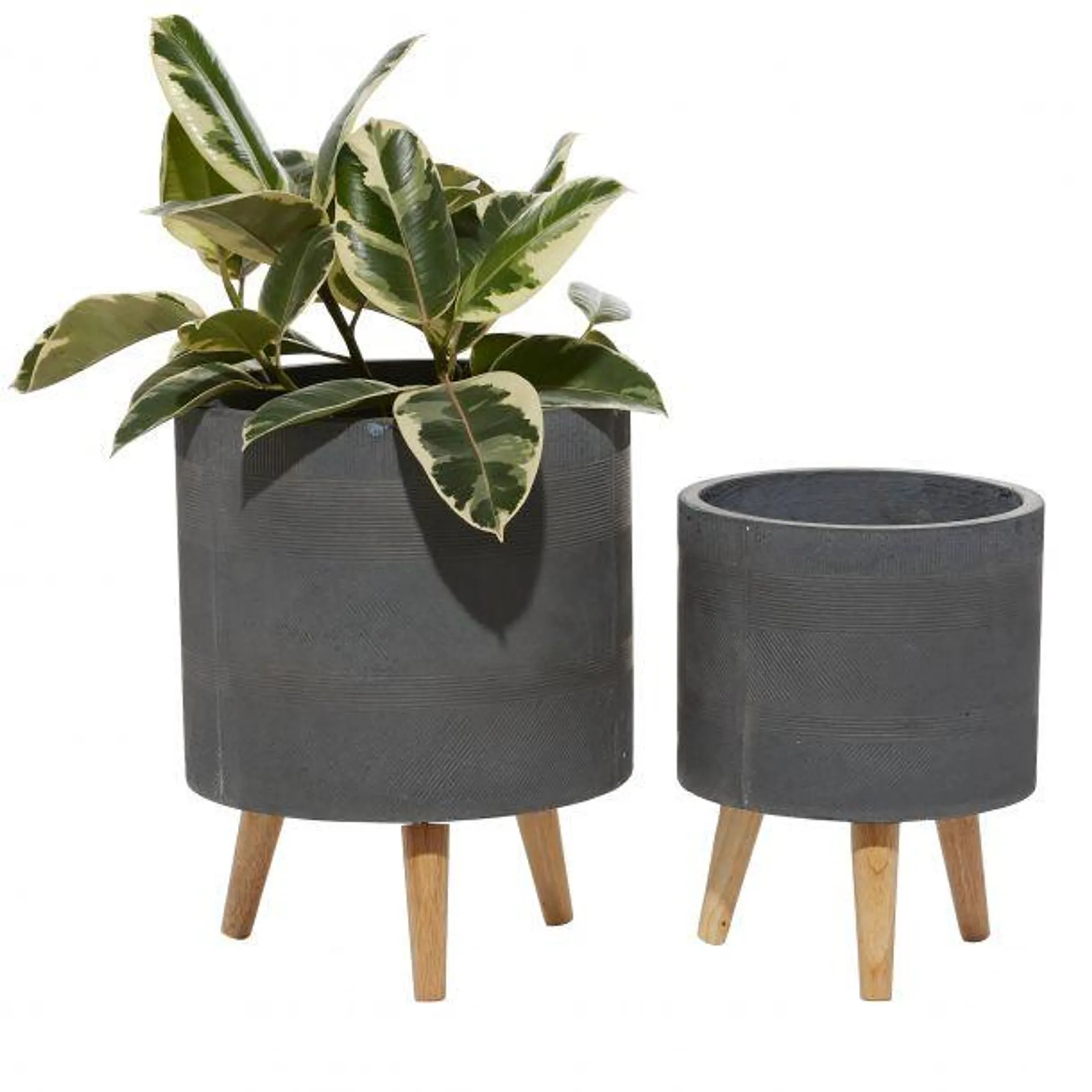 Marisol + Daisy Contemporary Ceramic Cylindrical Planter with Wood Legs (Set of 2) - Dark Gray