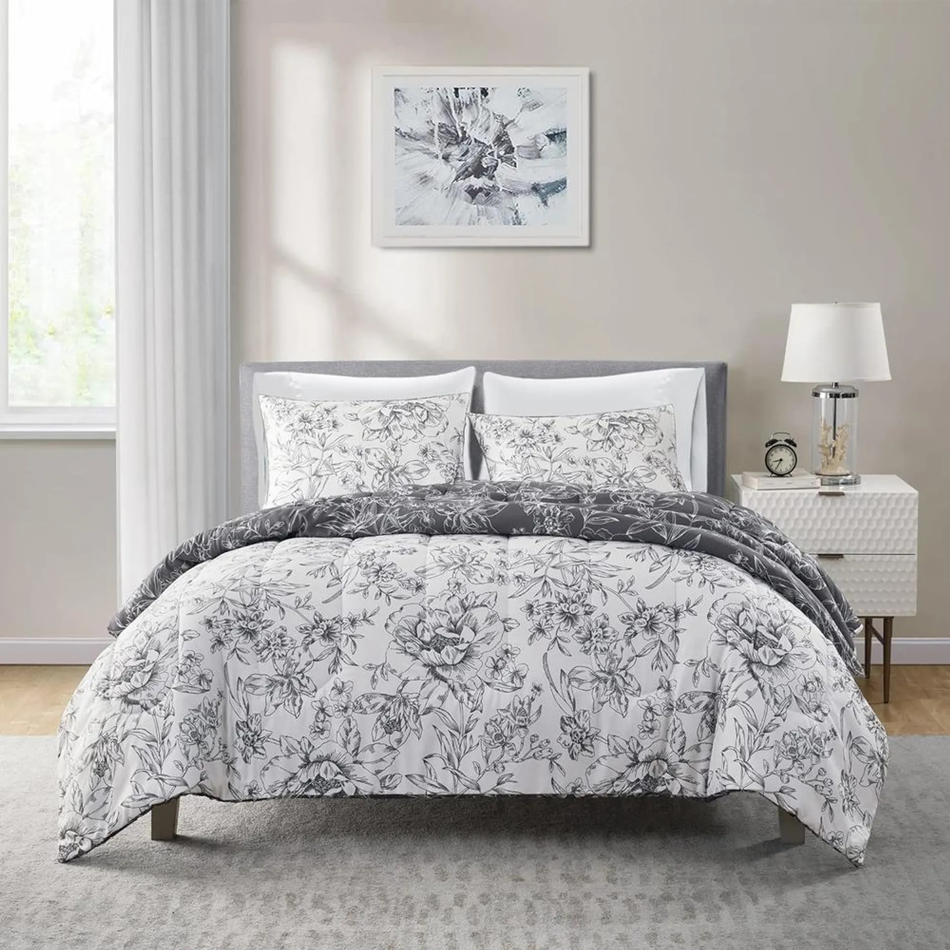 Great Choice Products Reversible Floral Comforter King Size,Bed-In-A-Bag Bedding Set,Floral Bedding Comforter Sets For King Bed,7 Pieces Gray