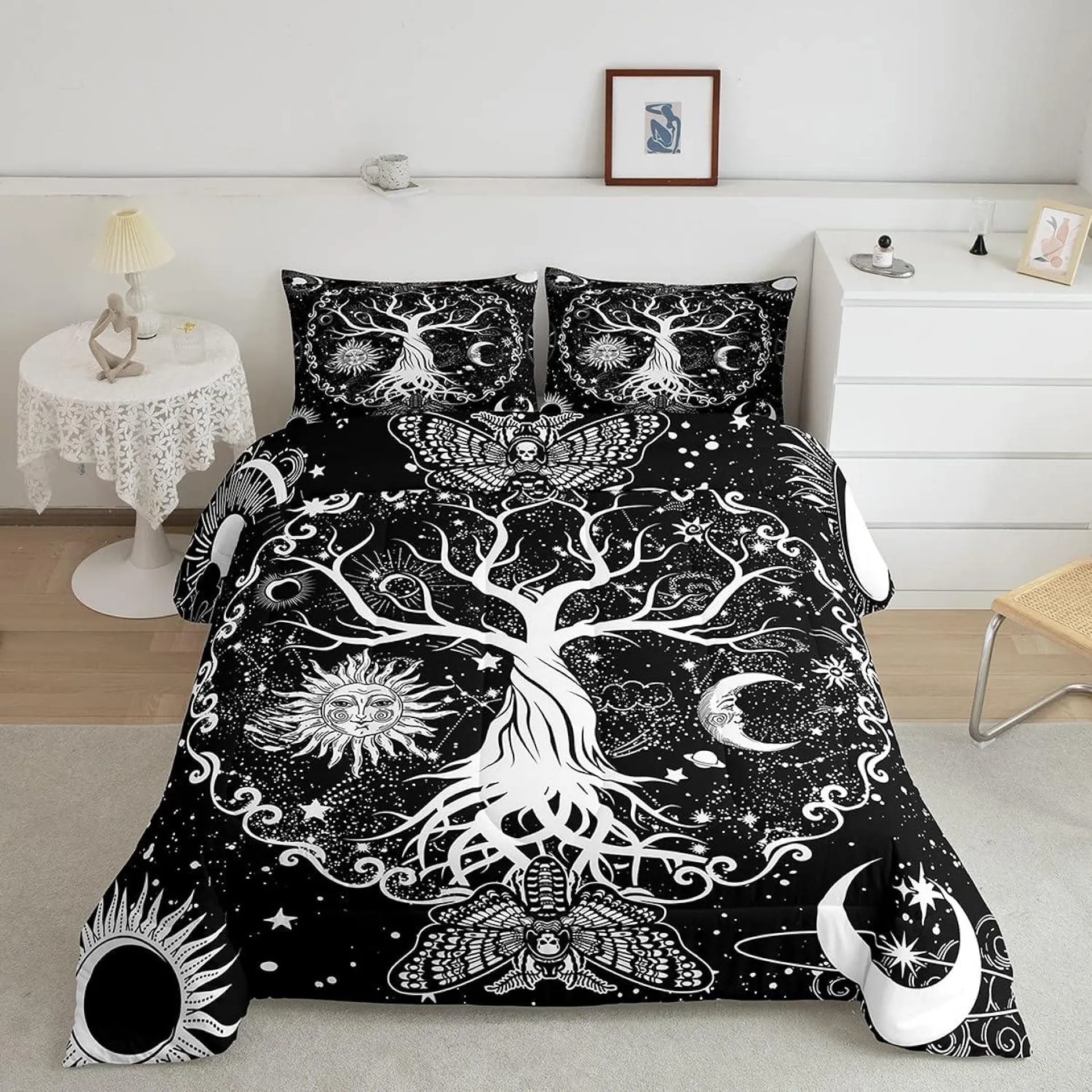 Great Choice Products Tree Of Life Queen Comforter Set Hippie Gothic Moth Bedding Comforters & Sets, Sun And Moon Comforter Psychedelic Galaxy