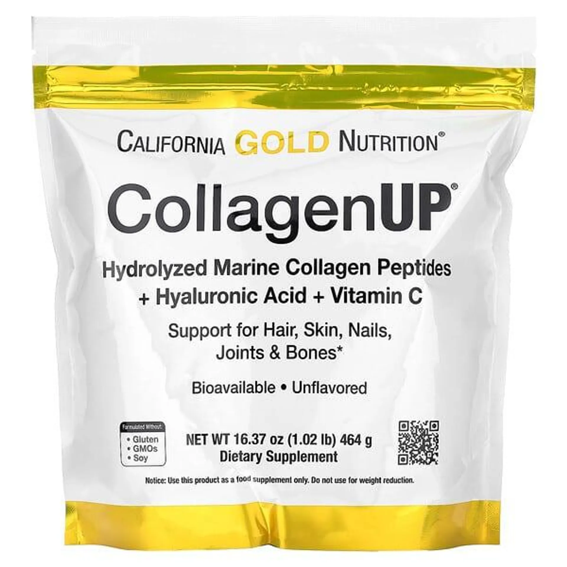 California Gold Nutrition, CollagenUP, Hydrolyzed Marine Collagen Peptides with Hyaluronic Acid and Vitamin C, Unflavored, 16.37 oz (464 g)