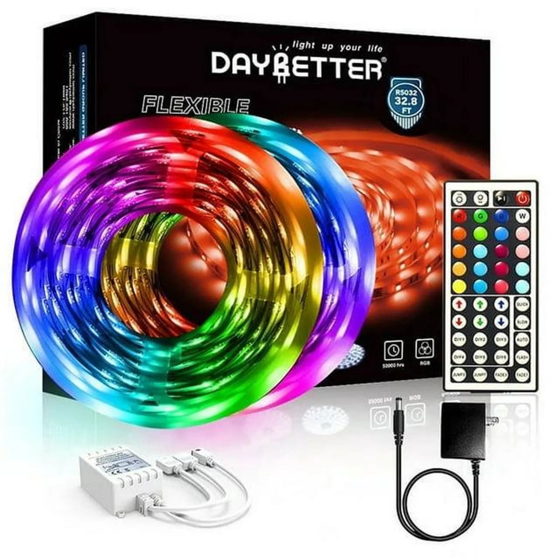 DAYBETTER LED Strip Light 32.8ft,44 Key Remote Control and 12V Power Supply,Bedroom,Party (2 Rolls of 16.4ft)