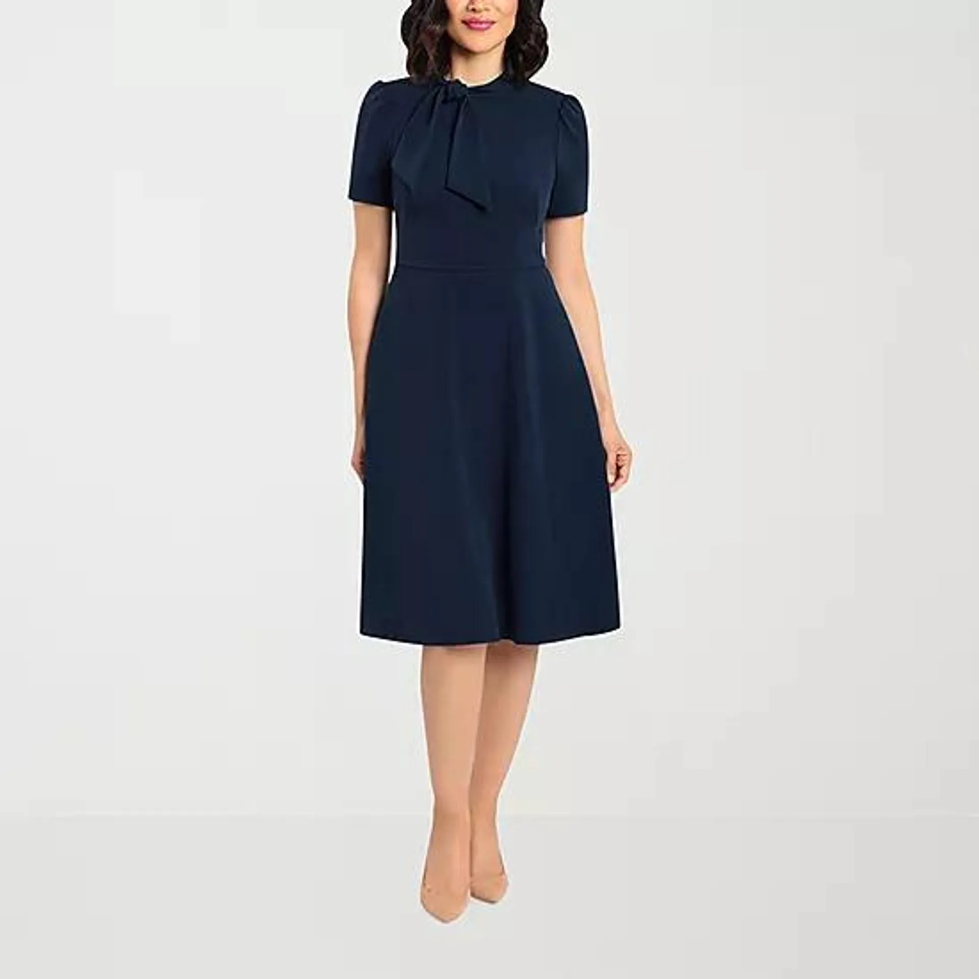 London Times Short Sleeve Midi Fit + Flare Dress