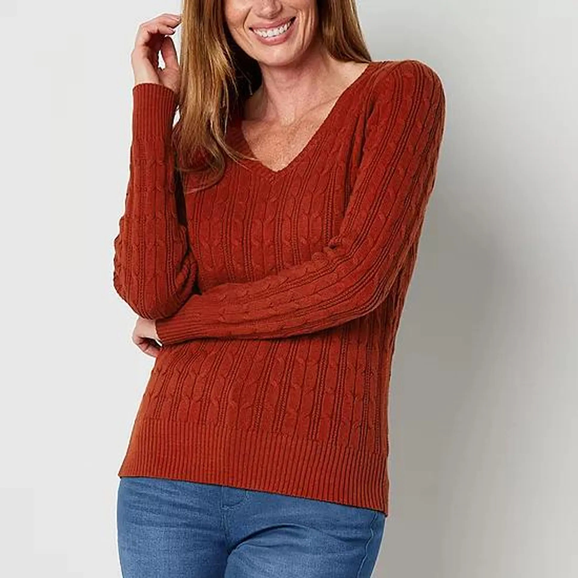 St. John's Bay Womens V Neck Cable Knit Pullover Sweater