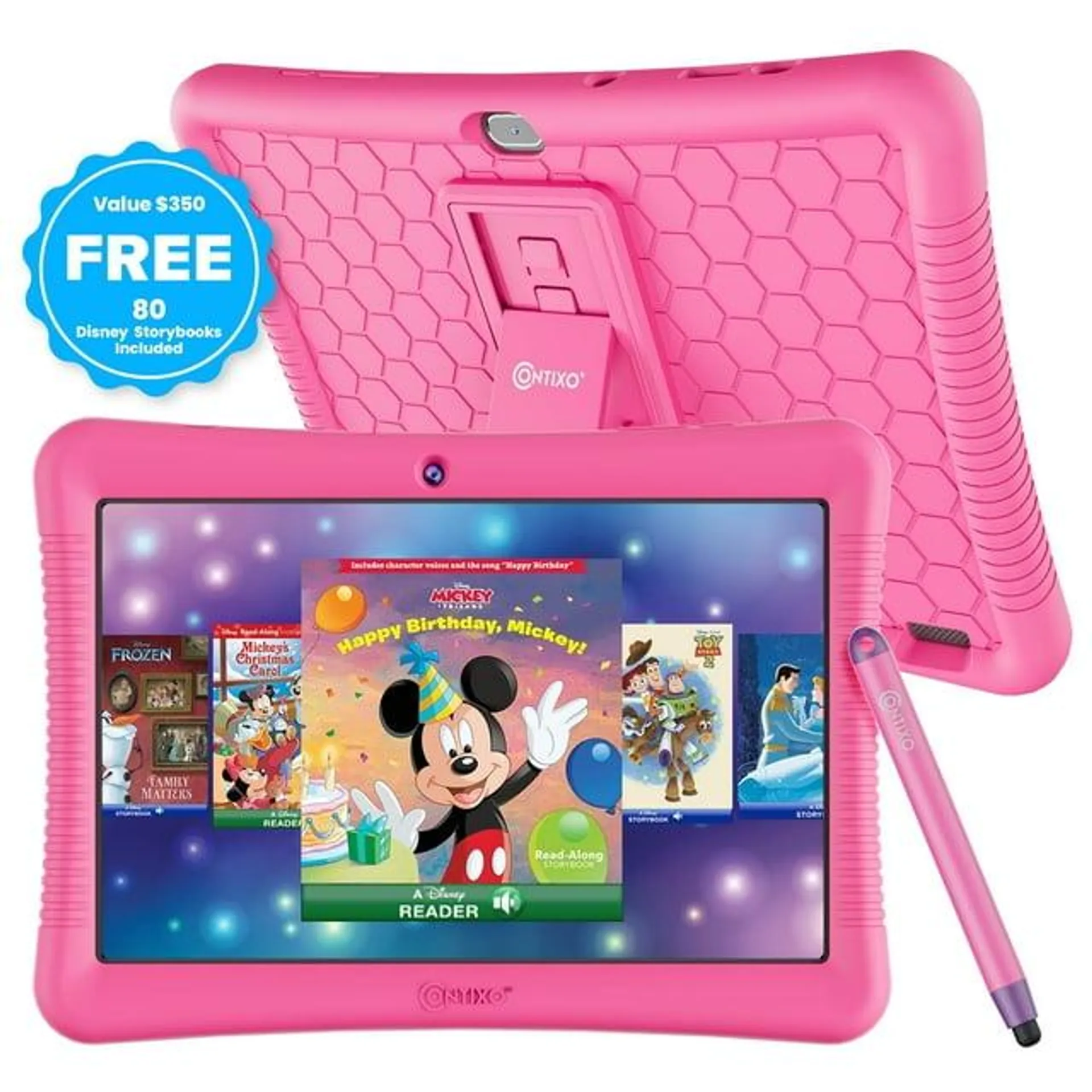 Contixo 10" Kids Tablet, 2024 Model, 80 FREE Disney Storybooks, Educational Android Tablet for Kids 3-12, 32GB, Parental Controls, Kid-Proof Case with Kickstand & Stylus - Pink