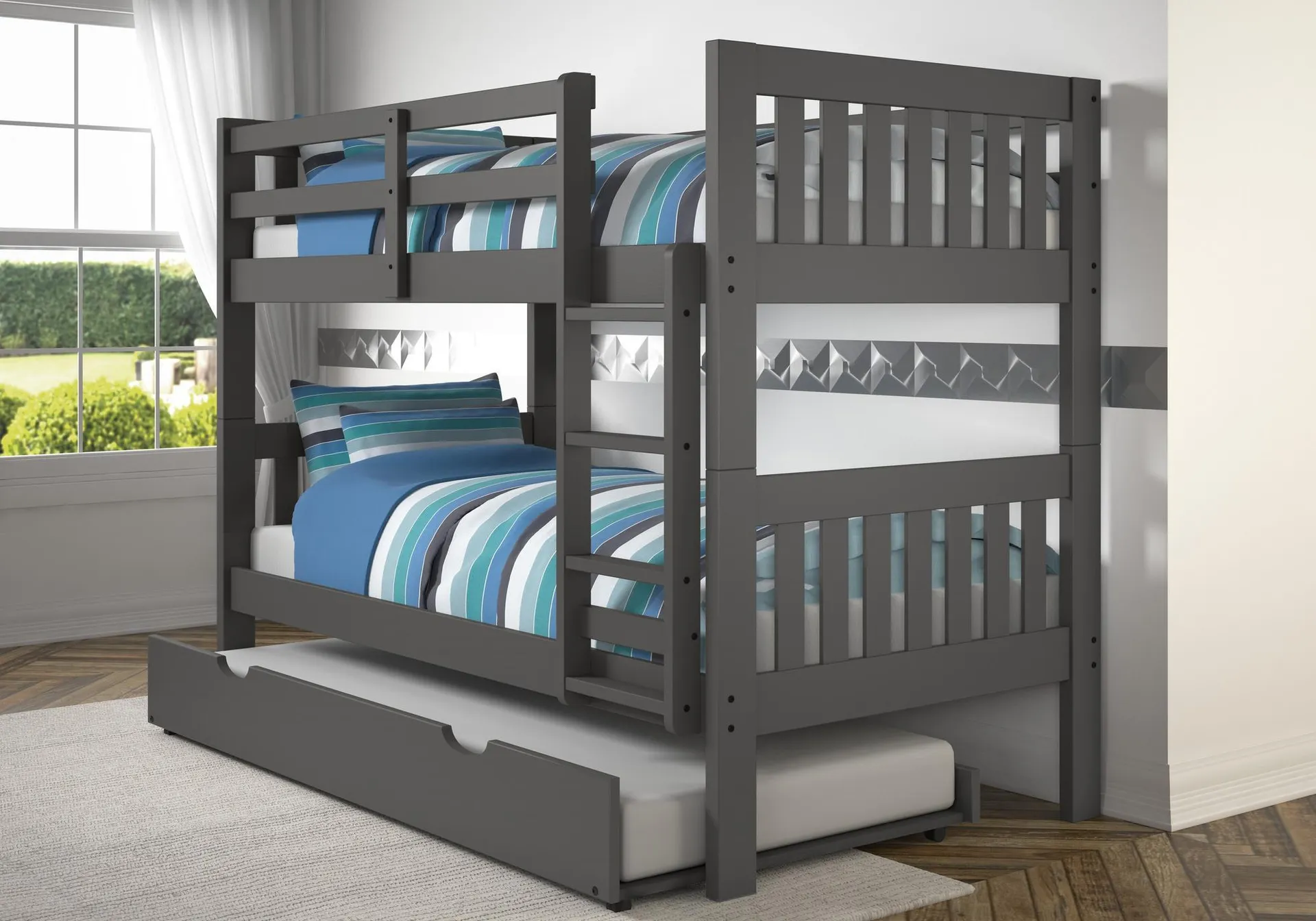 Cama litera Austin estilo misión tamaño twin sobre twin de color gris oscuro con cama corrediza