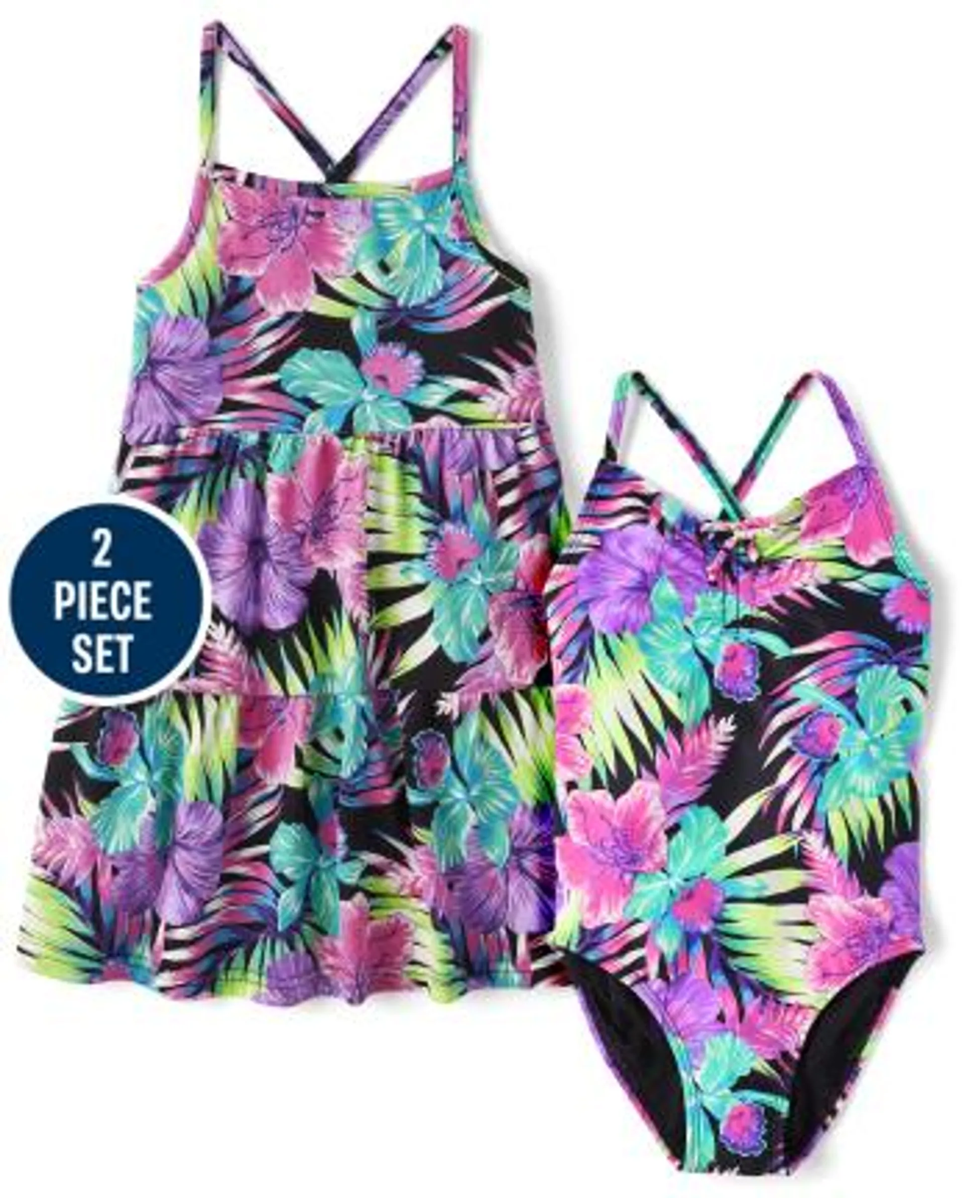 Girls Tropical 2-Piece Swim Set - black