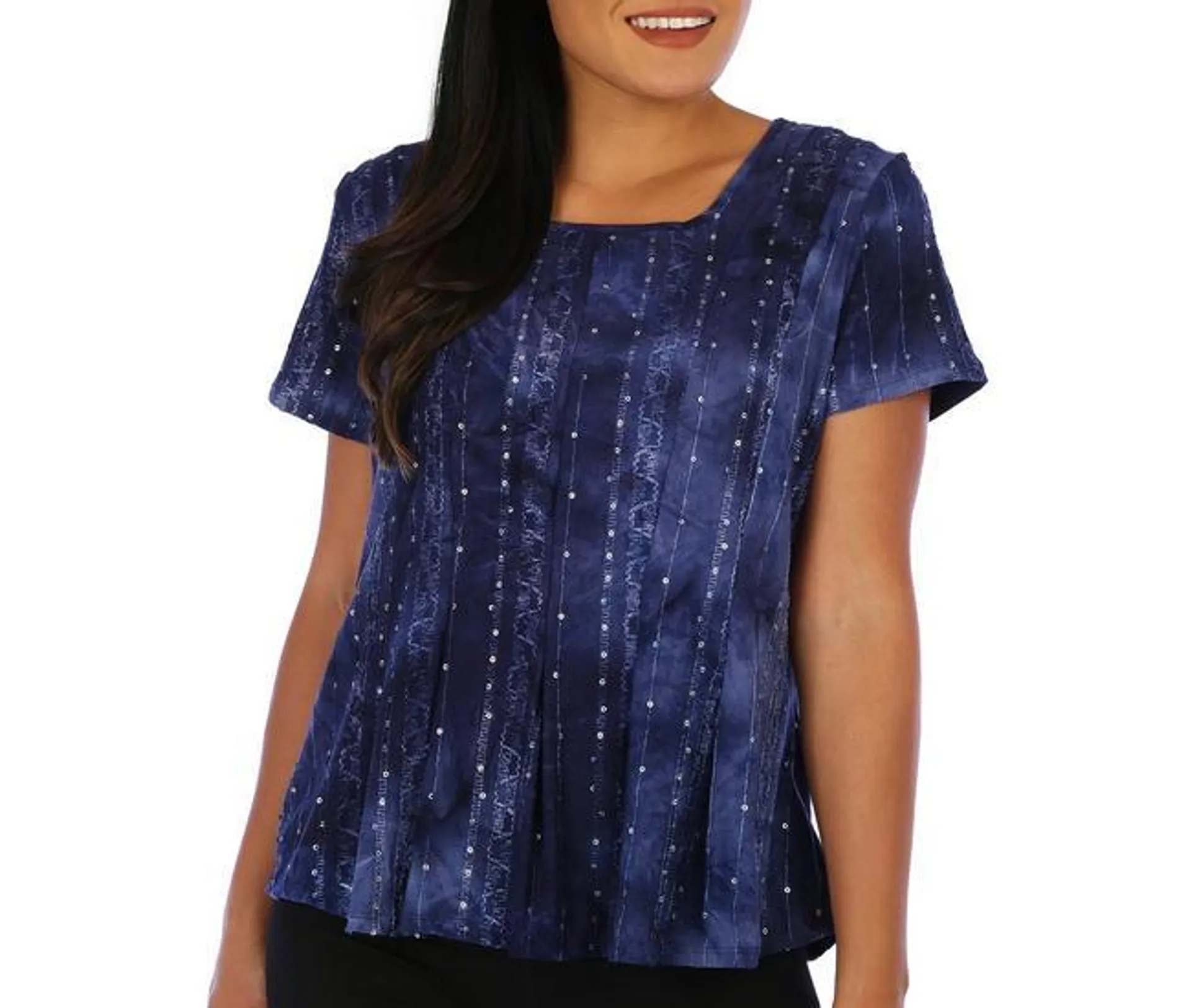 Womens Short Sleeve Embellished Square Neck Pleated Top