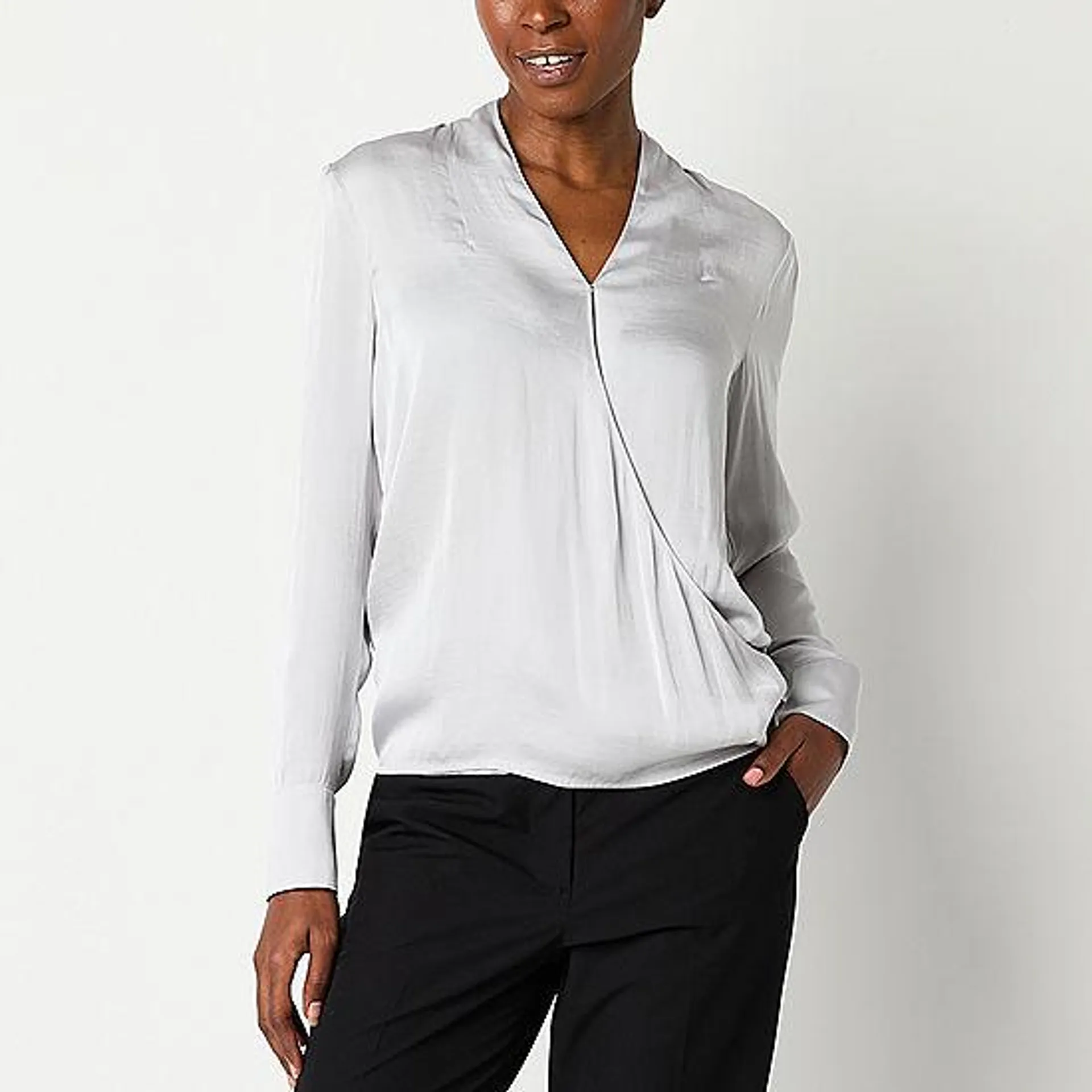 new! Worthington Womens V Neck Long Sleeve Wrap Shirt