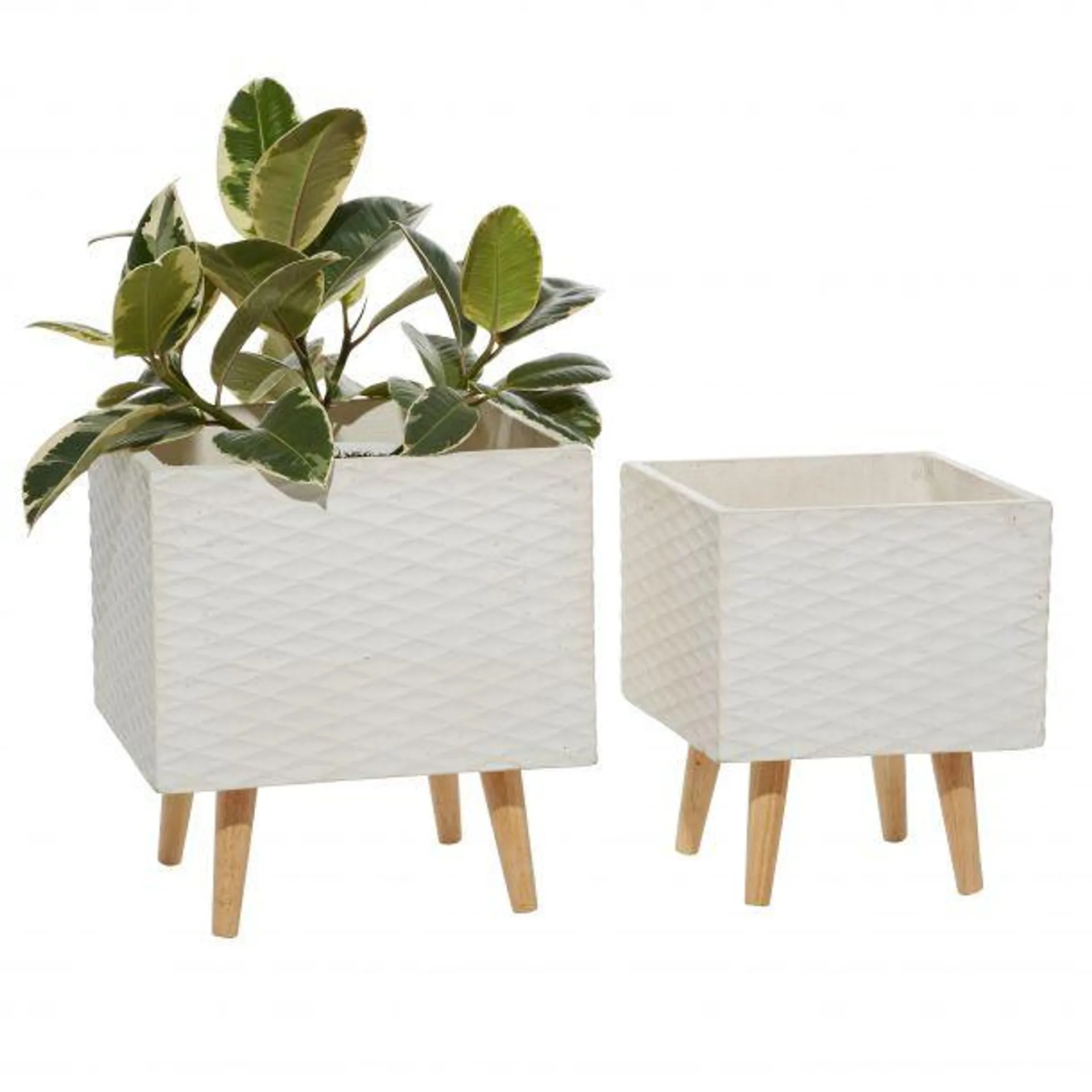 Marisol + Daisy Contemporary Ceramic Square Planter with Wood Legs (Set of 2) - White