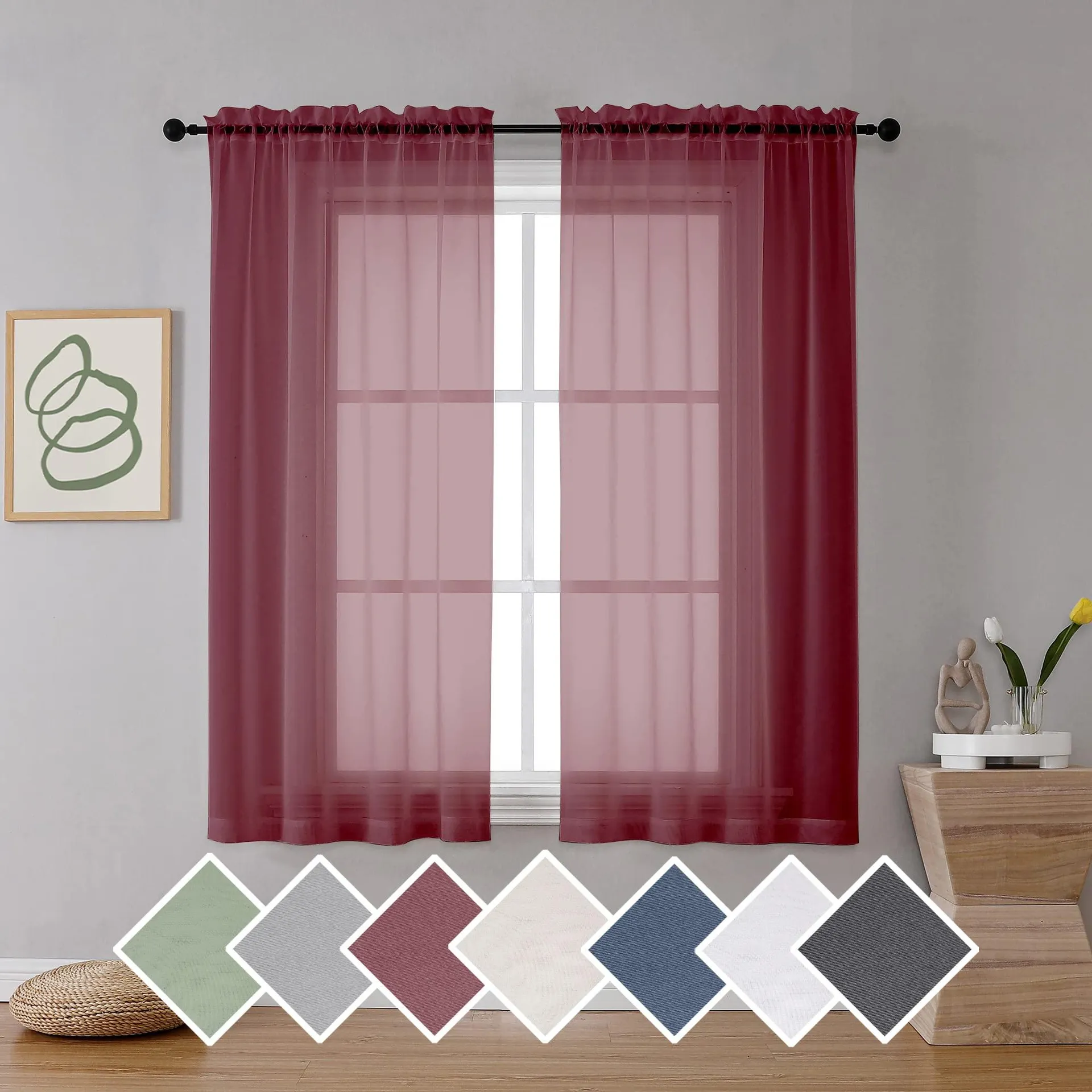 OVZME Sheer curtains 63 inch Length 2 Panels Set for christmas Decor, Elegant Light Filtering Airy Burgundy Voile Window Treatme