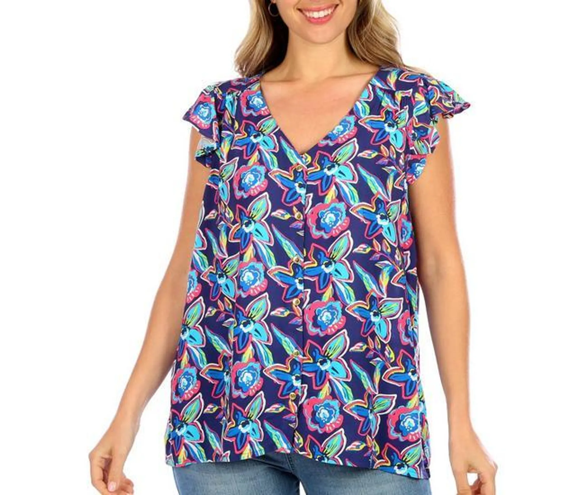 Womens Floral Button Down Sleeveless Top