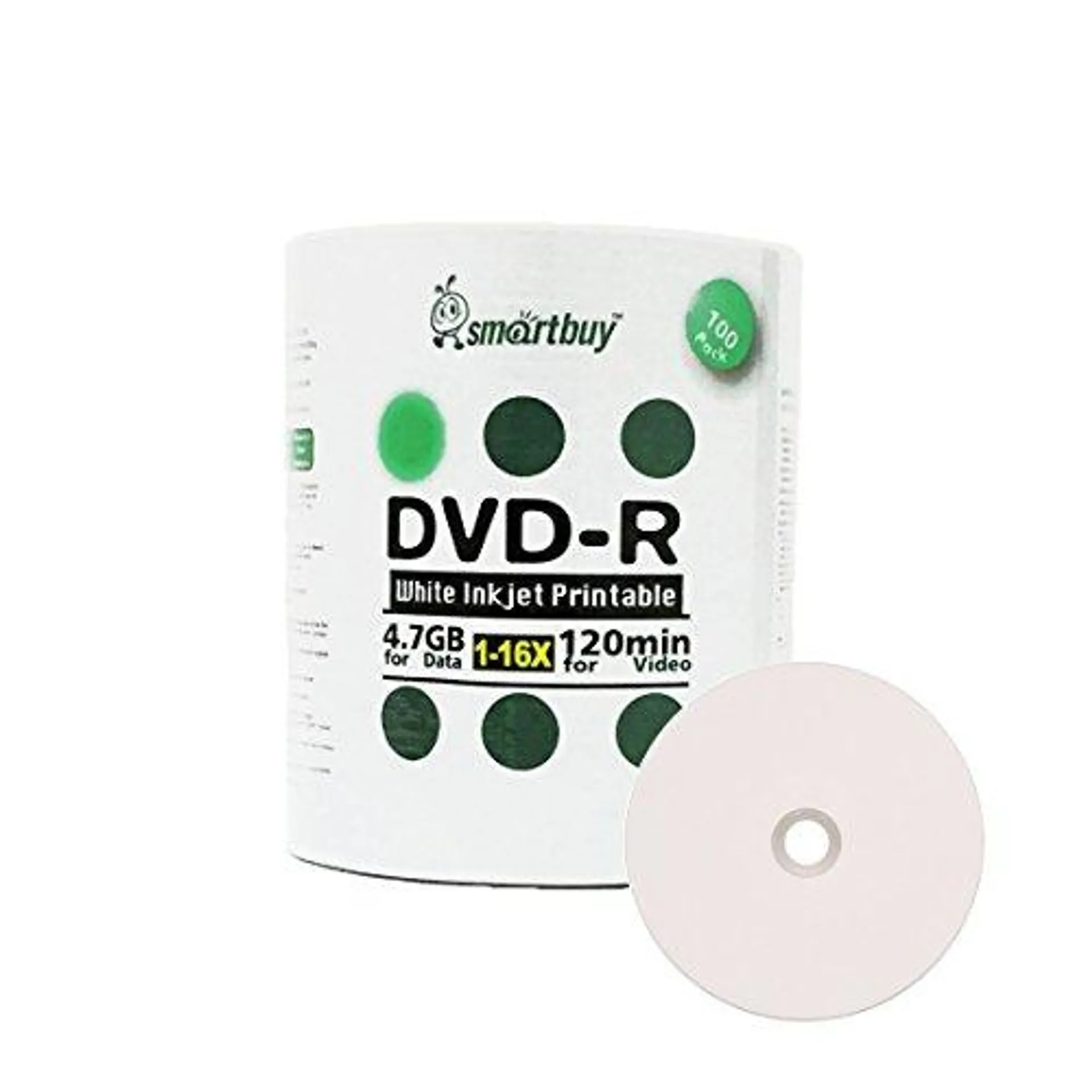 Smartbuy 100-disc 4.7gb/120min 16x DVD-R White Inkjet Hub Printable Blank Data Recordable Media Disc