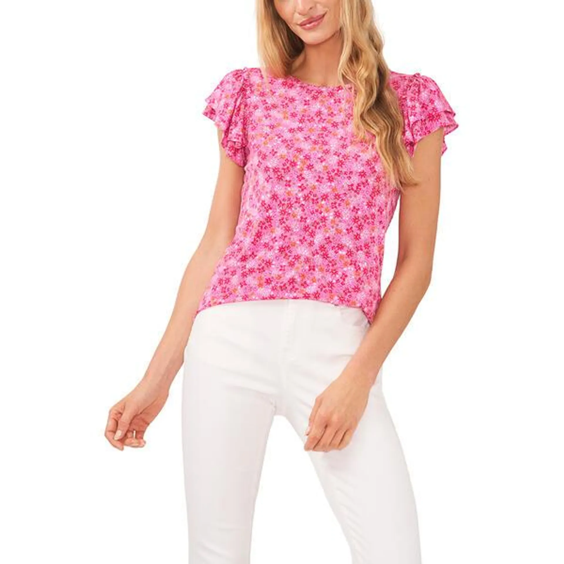 Womens Cece Short Ruffled Sleeve Ditsy Floral Tee